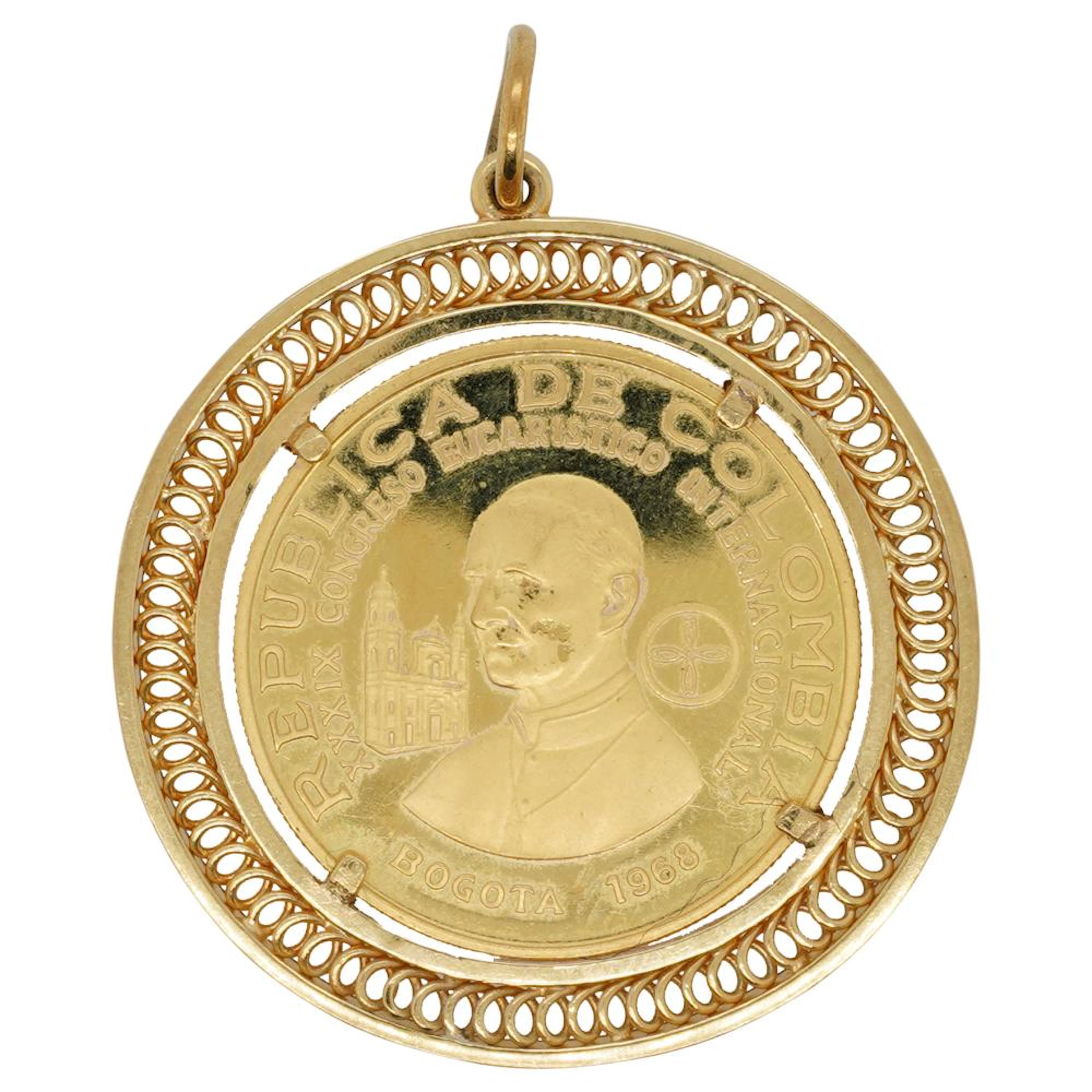 22K Gold Colombian 300 Peso Coin 14K Gold Pendant