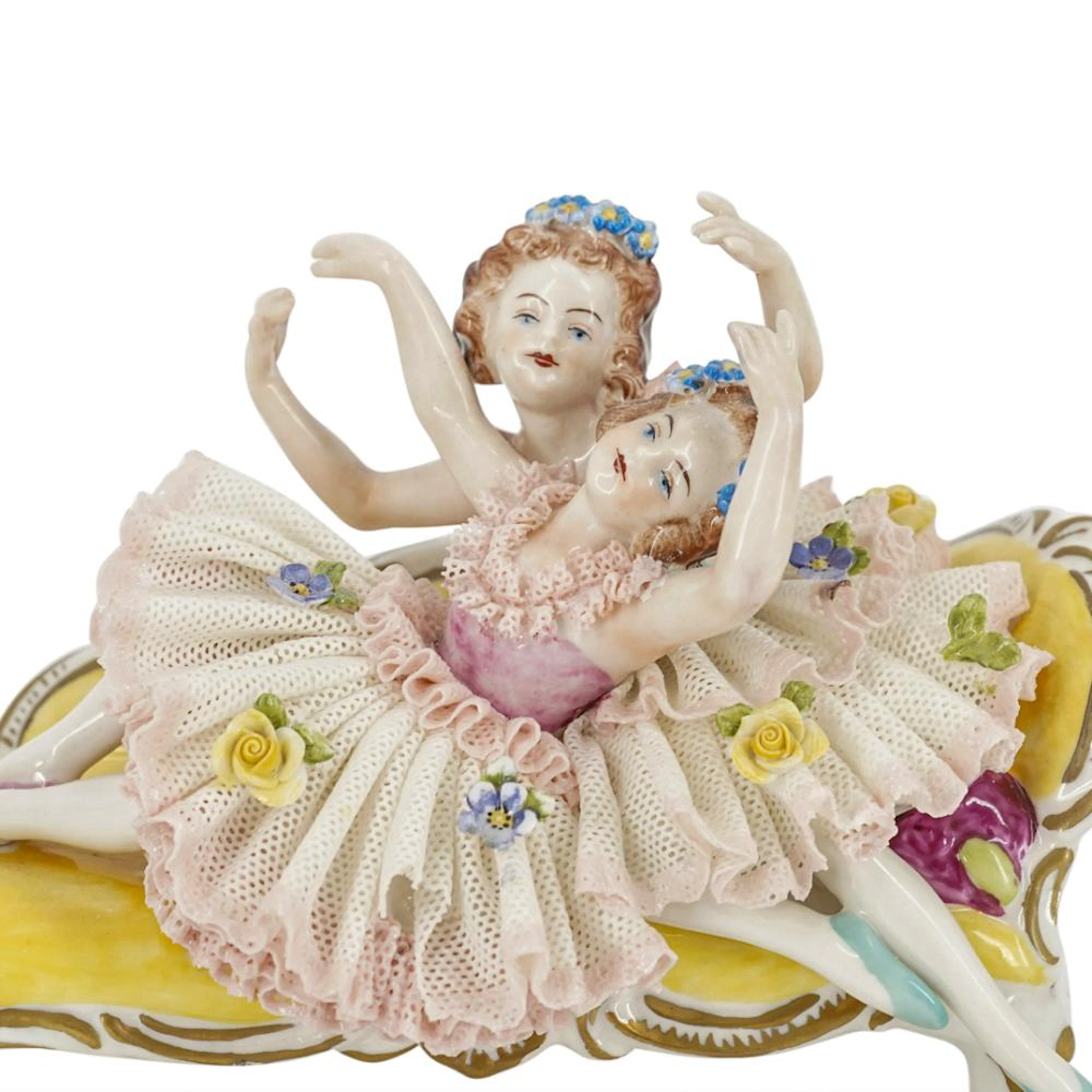 Volkstedt Dresden Lace Porcelain Figurine - Seated Ballerinas