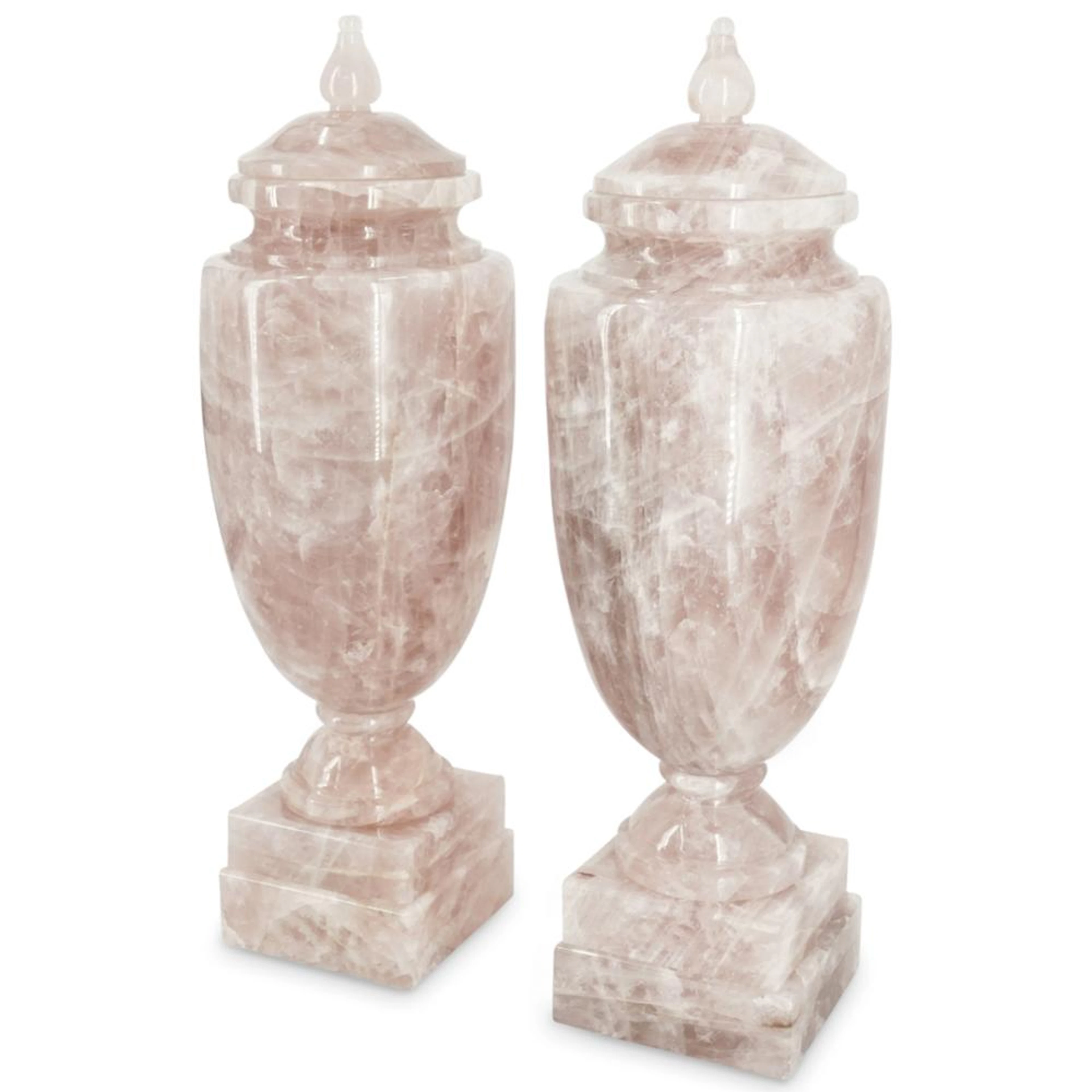 Pair of Mid Century Modern Rose Quartz Carved Urns