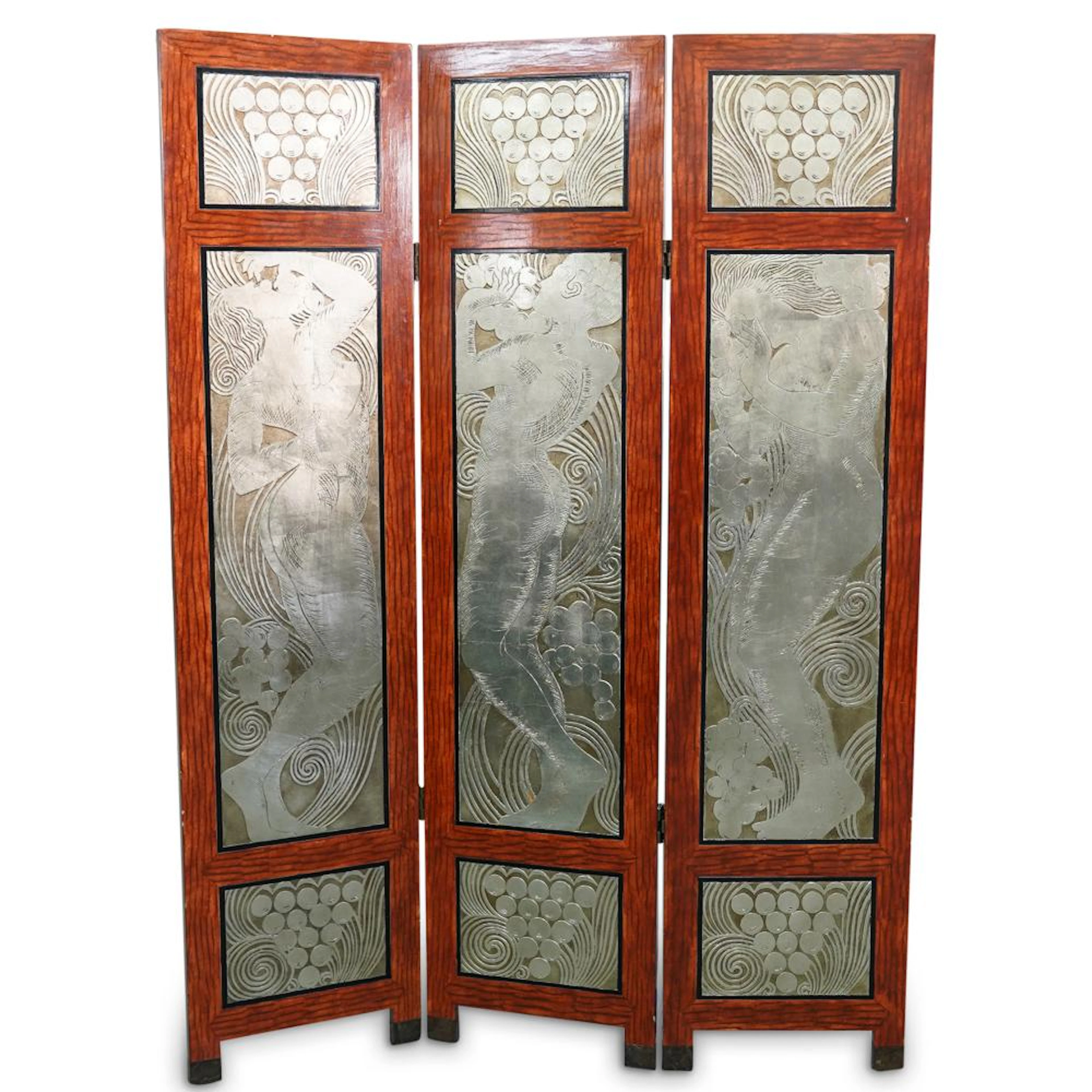 After R. Lalique "Figurines Et Raisins" Decorative Folding Scree