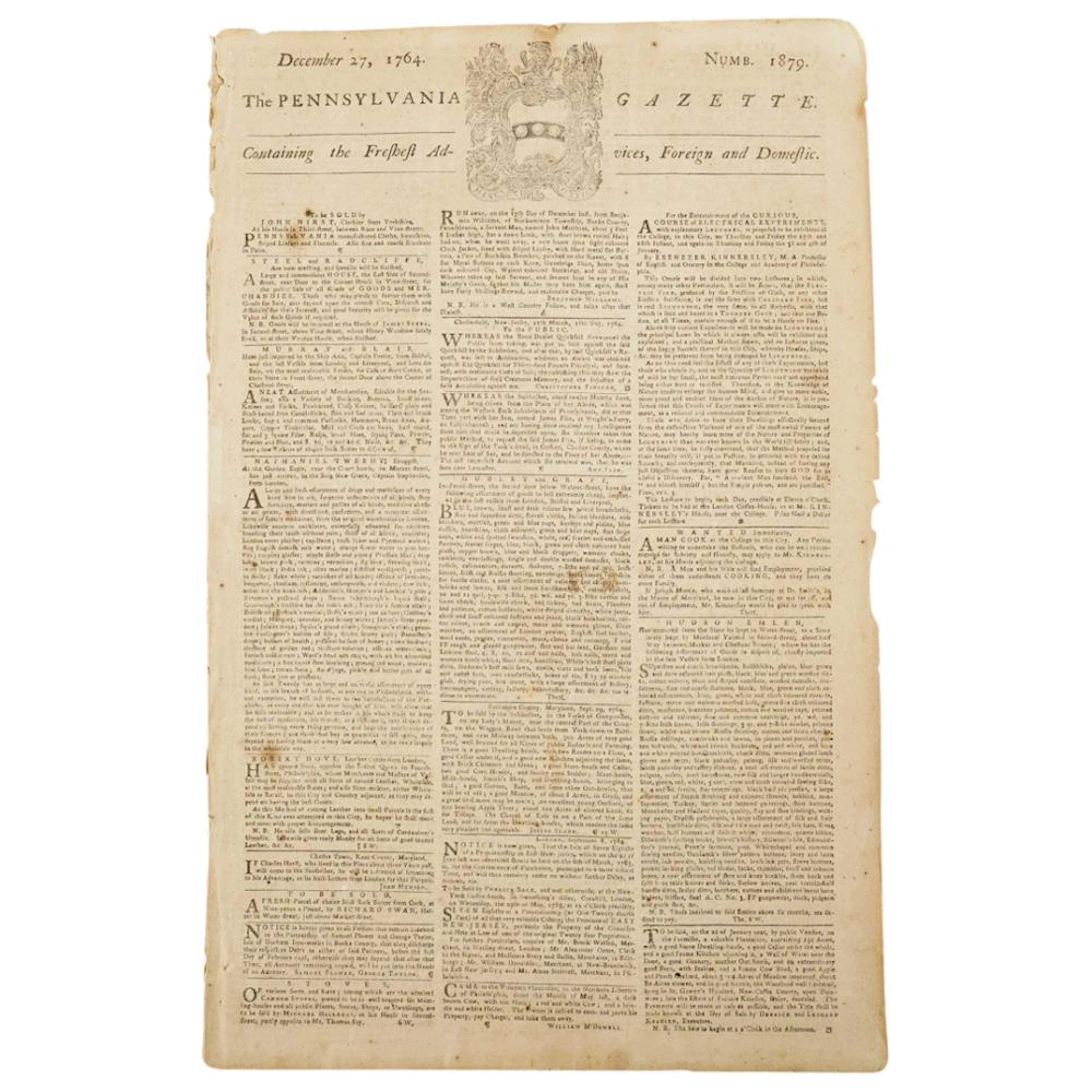 1764 Edition Of "The Pennsylvania Gazette" Newspaper