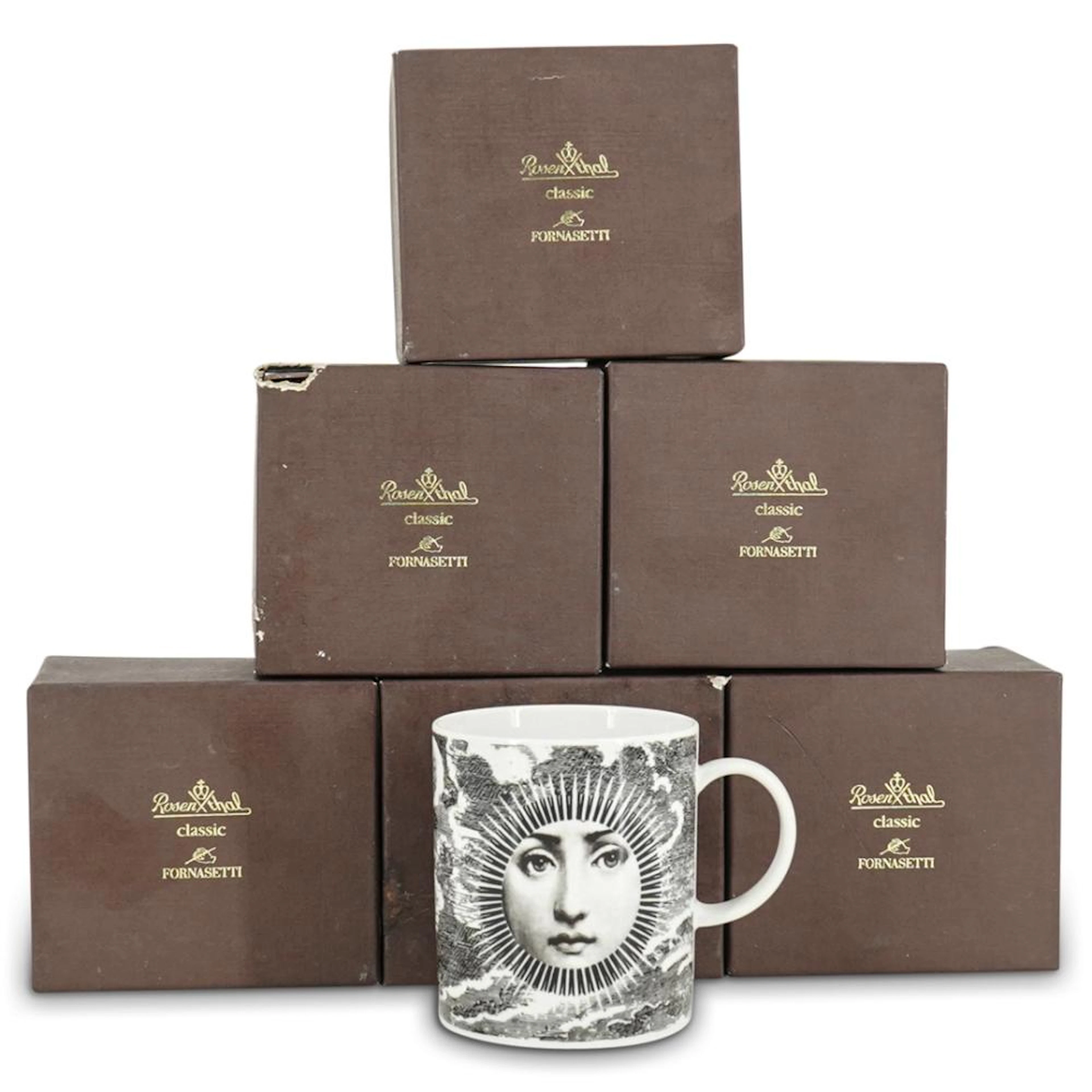 (6Pc) Rosenthal Fornasetti Mugs with Julia Pattern Set