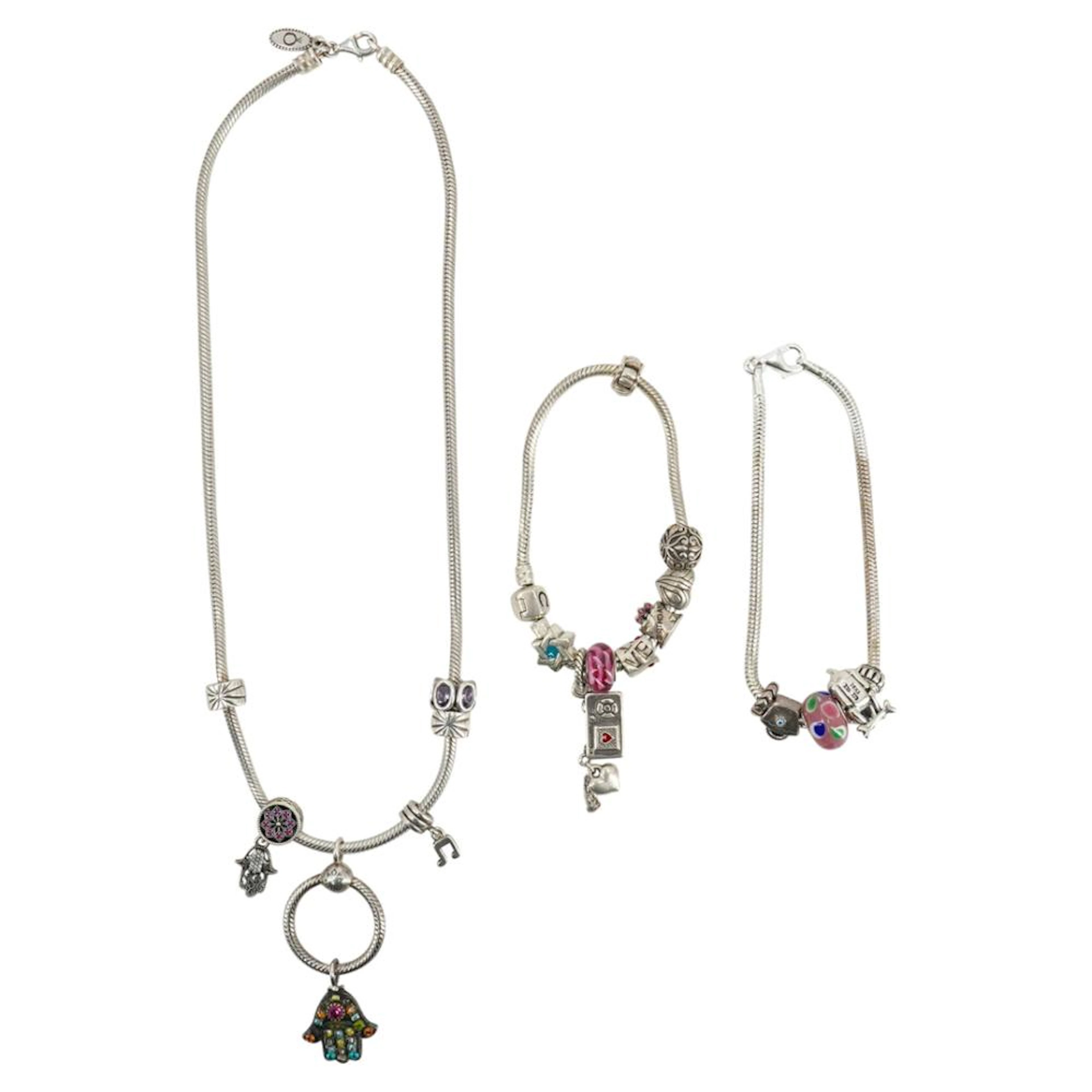 (3Pc) Sterling Silver Pandora Necklace & Brighton Bracelet Grouping