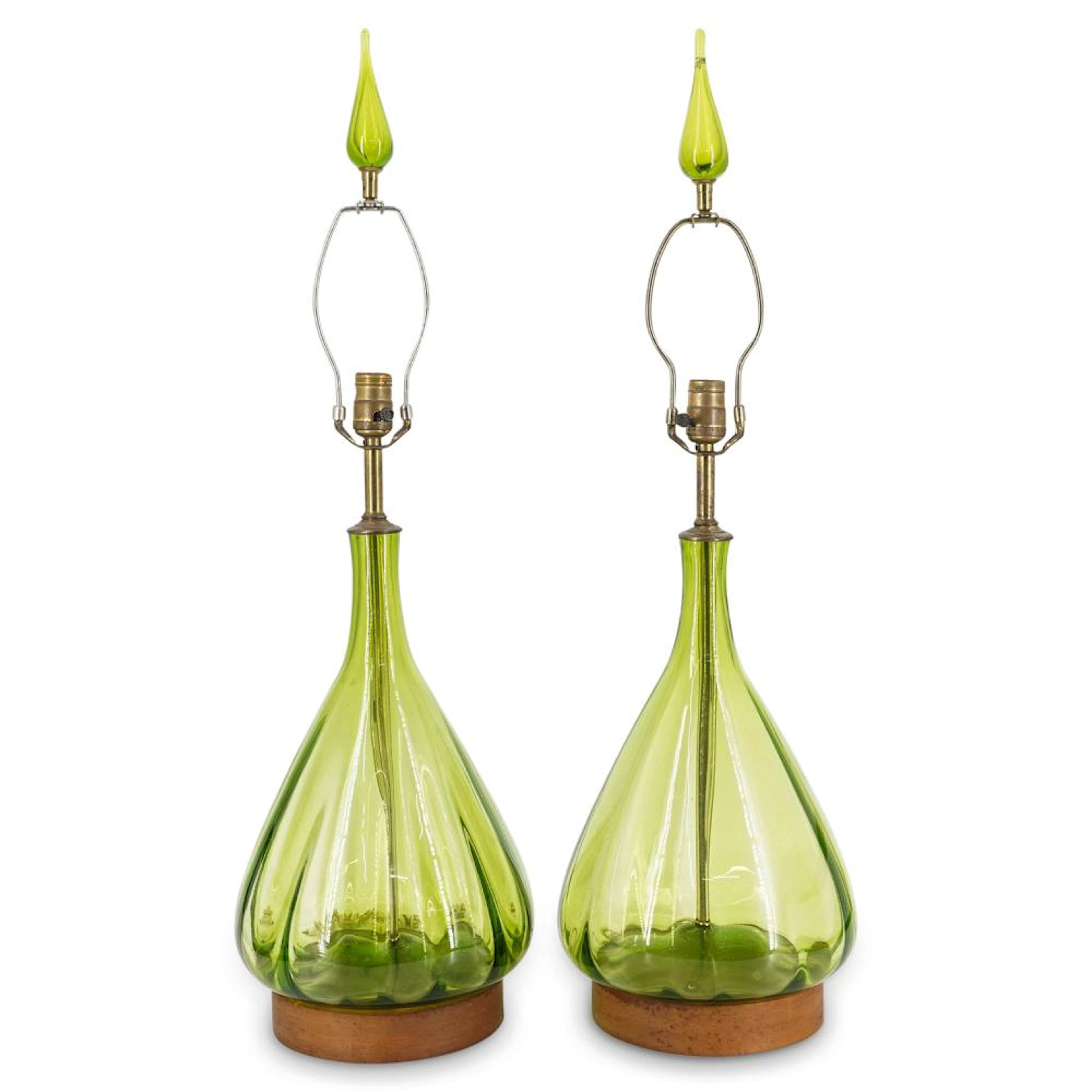 Pair of Blenko Ribbed Bulbous Glass Lamps