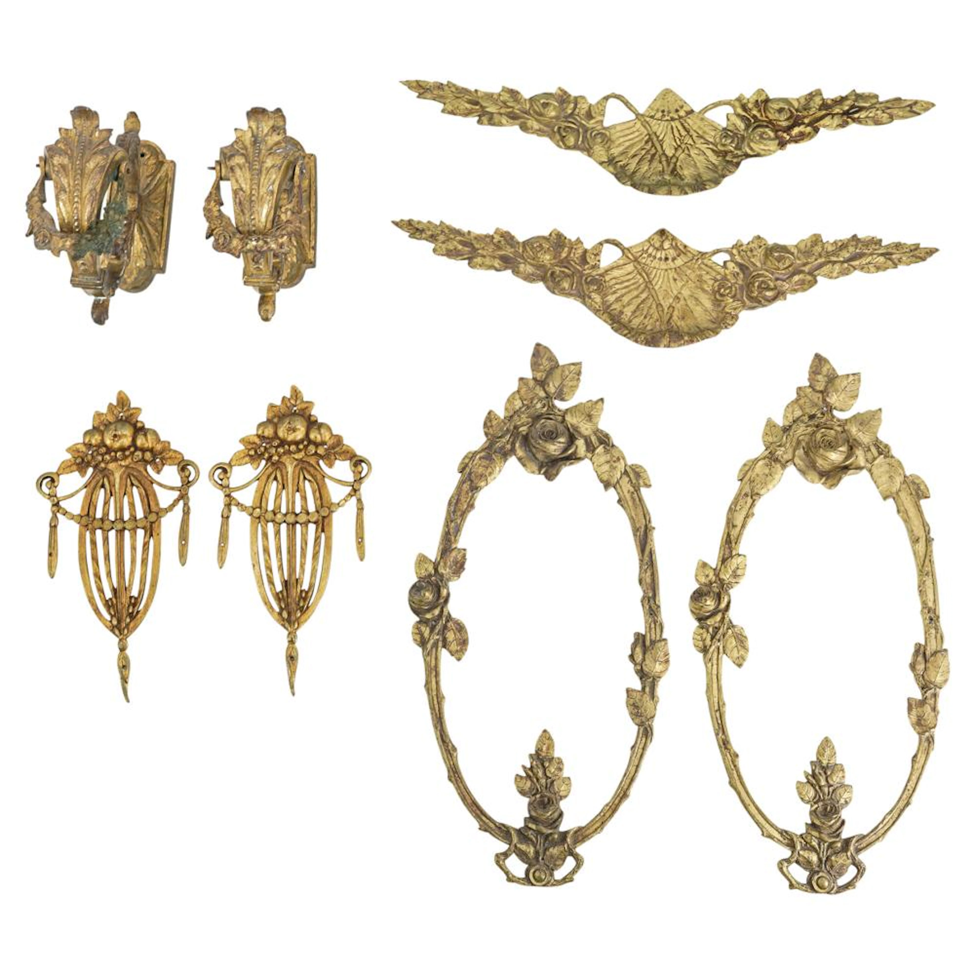 (8 Pc) French Gilt Brass Wall Fixture Lot