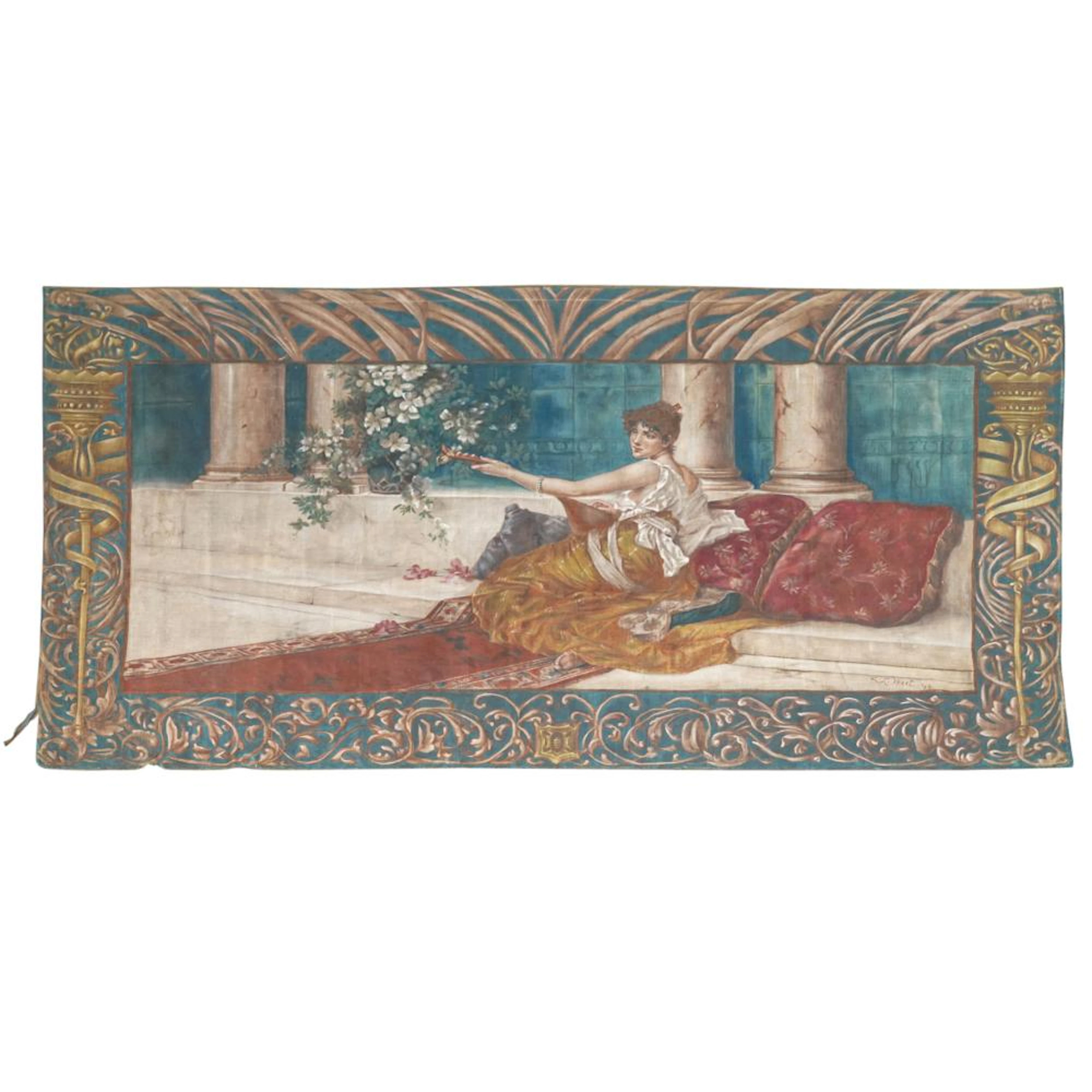 Signed Painted Neoclassical Tapestry