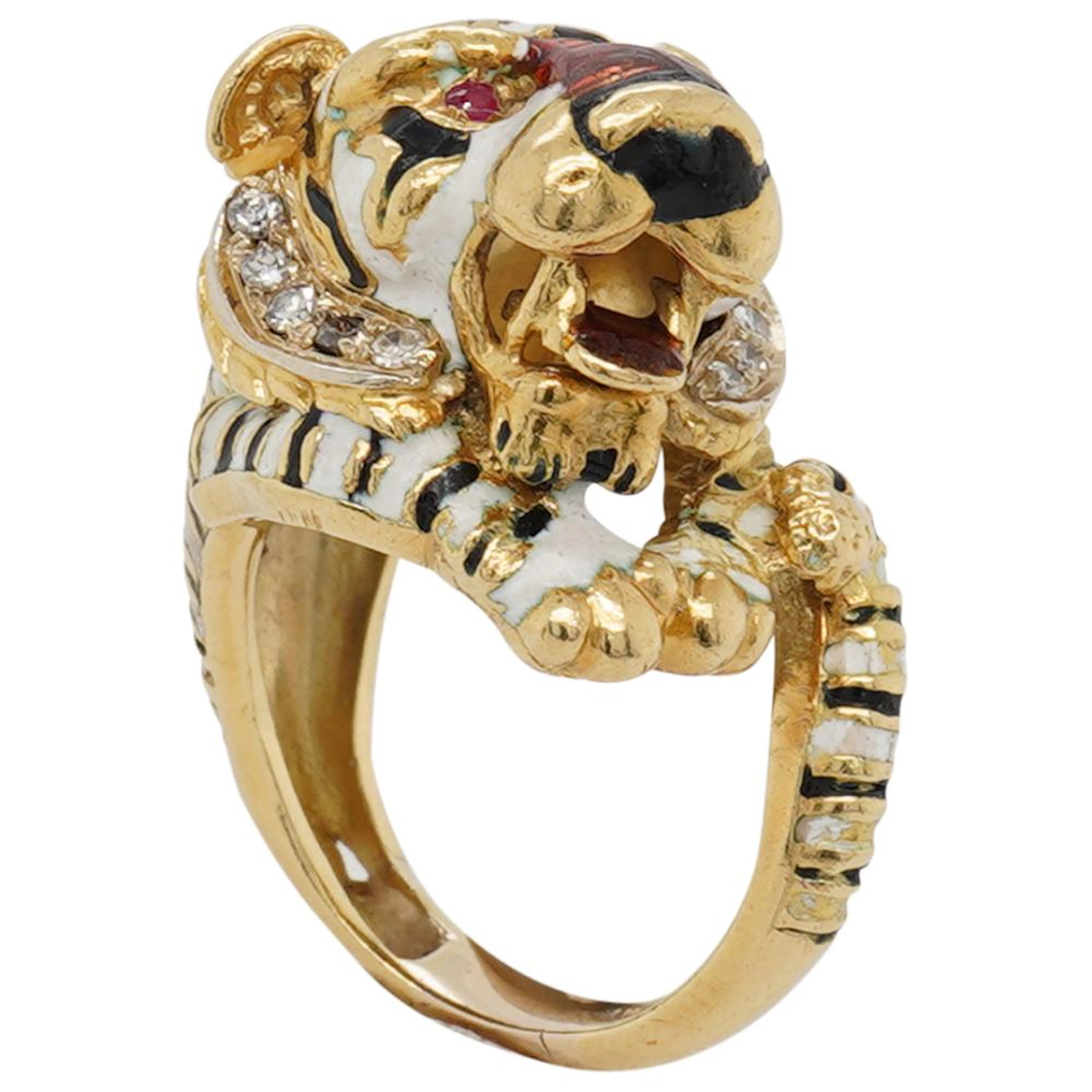 Vintage Frascarolo 18k Gold and Diamond Enamel Ring