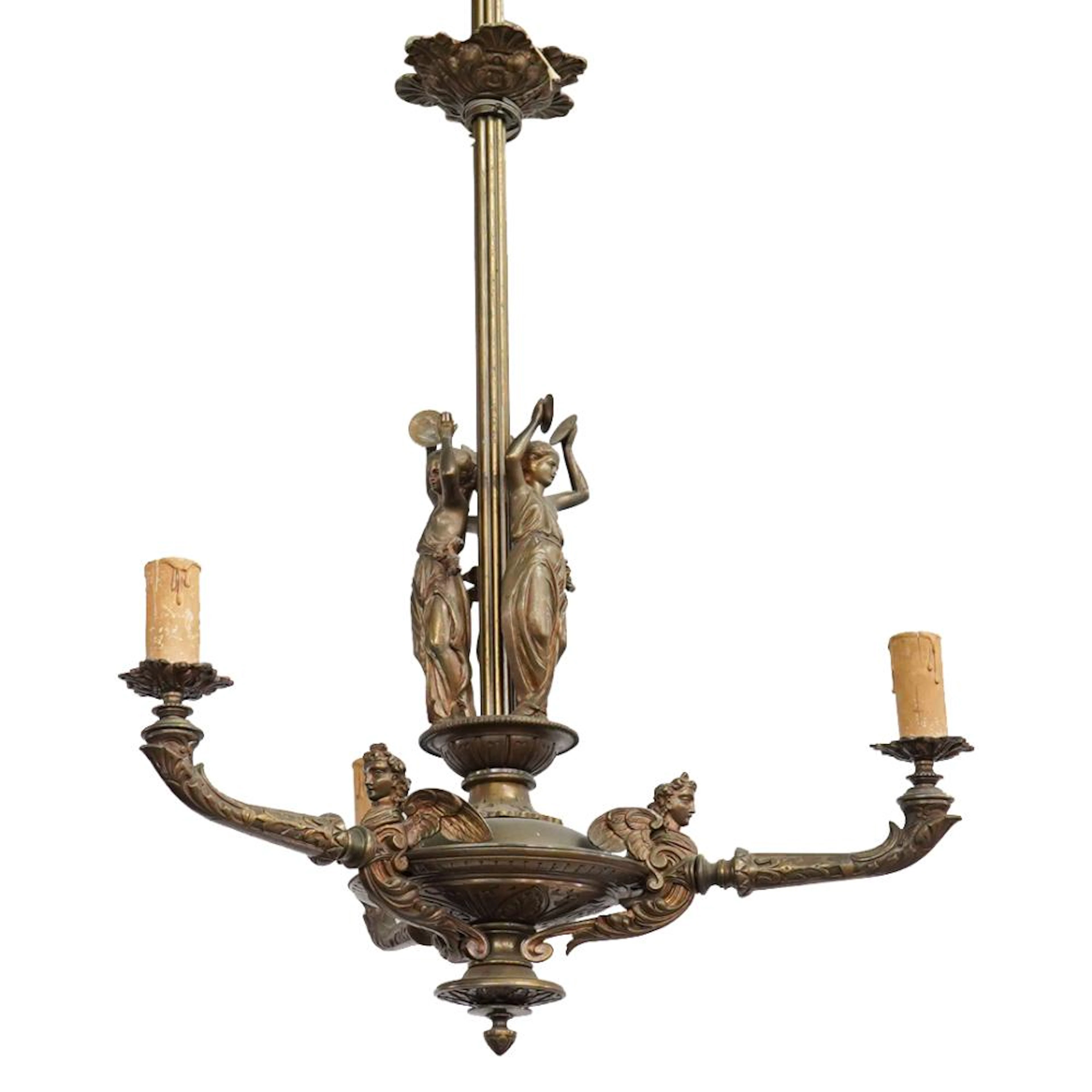 Antique French Figural Bronze Chandelier