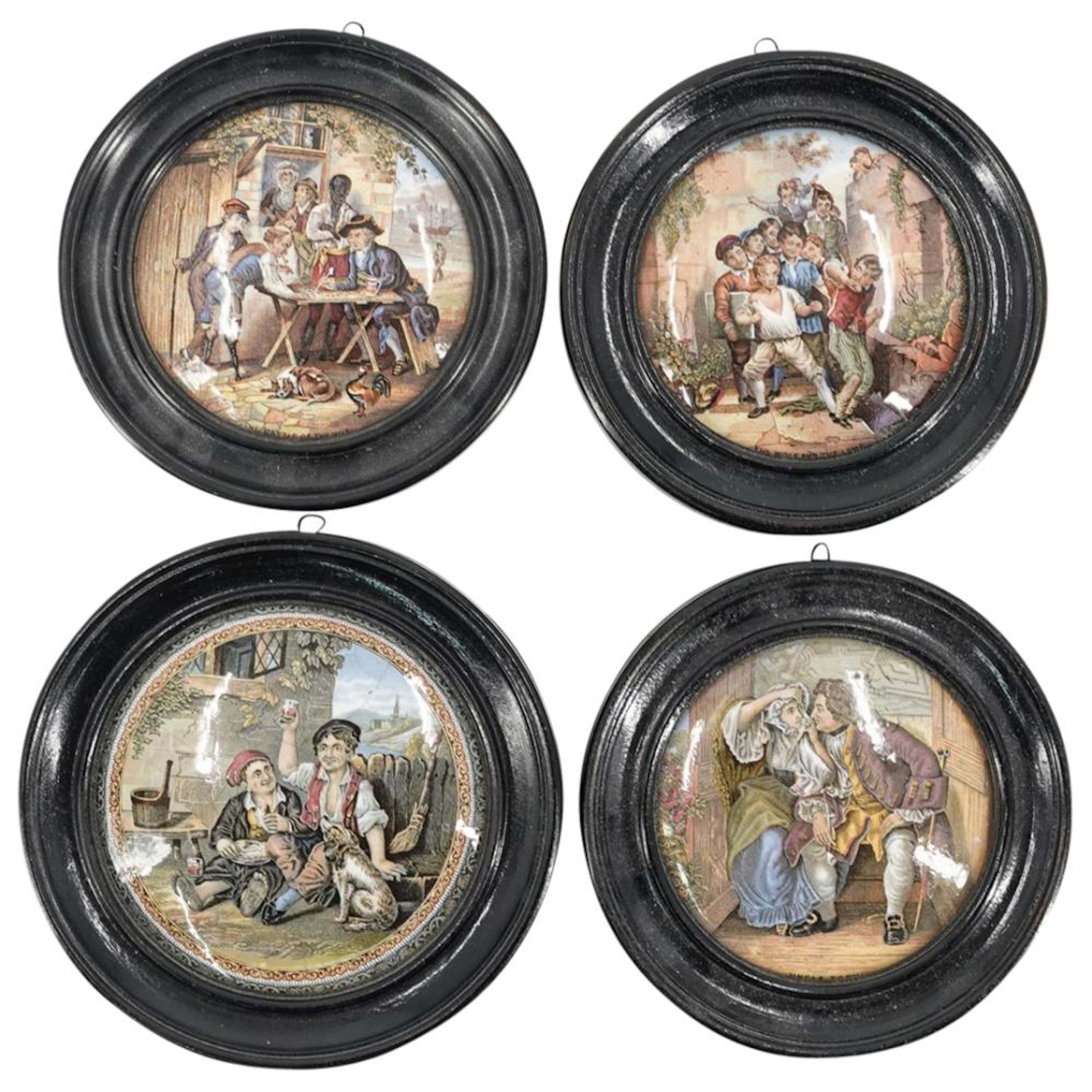 (4 Pc) Victorian Framed Prattware Pot Lids Set