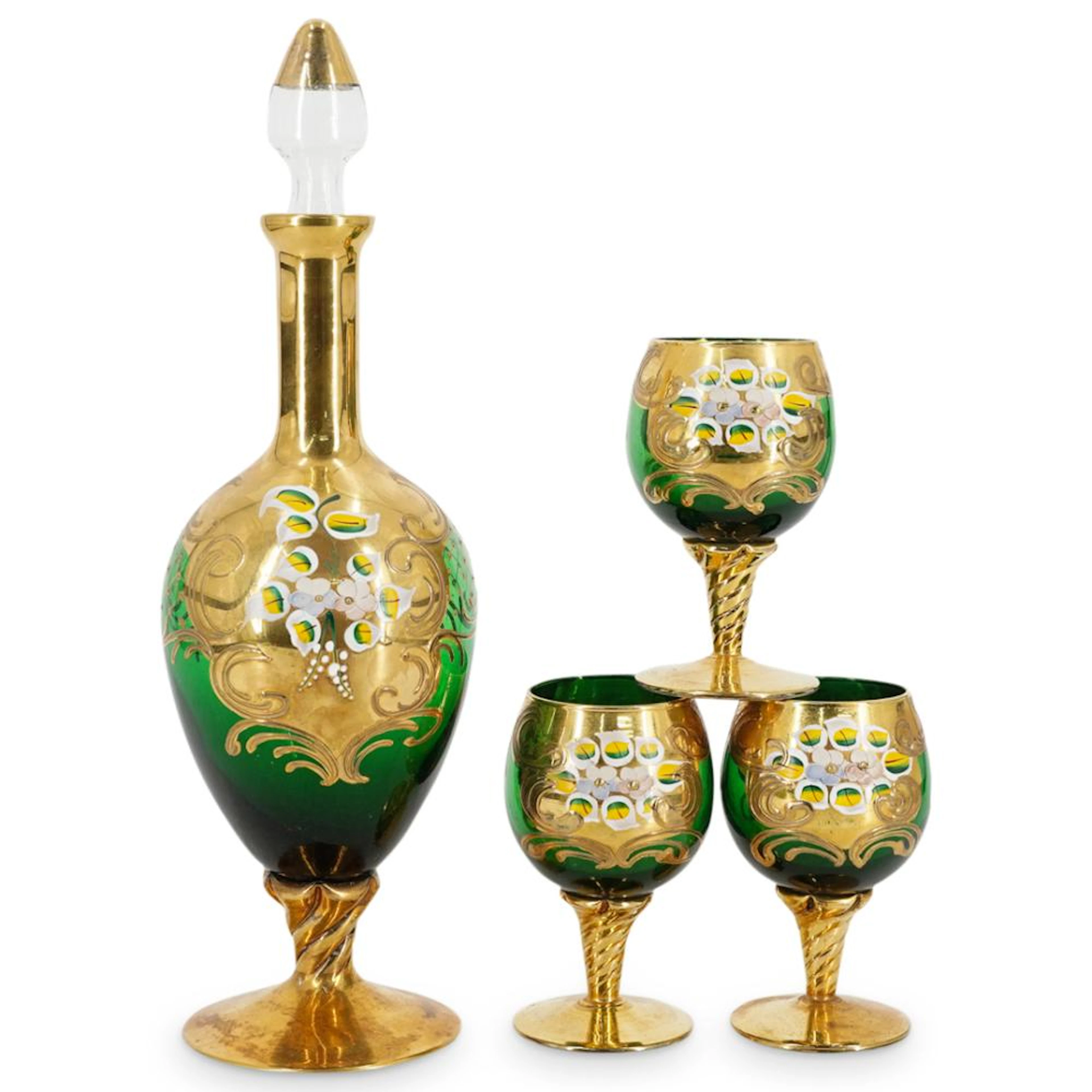 (4Pc) Vintage Italian Green Parcel Gilt Glass Decanter & Goblets