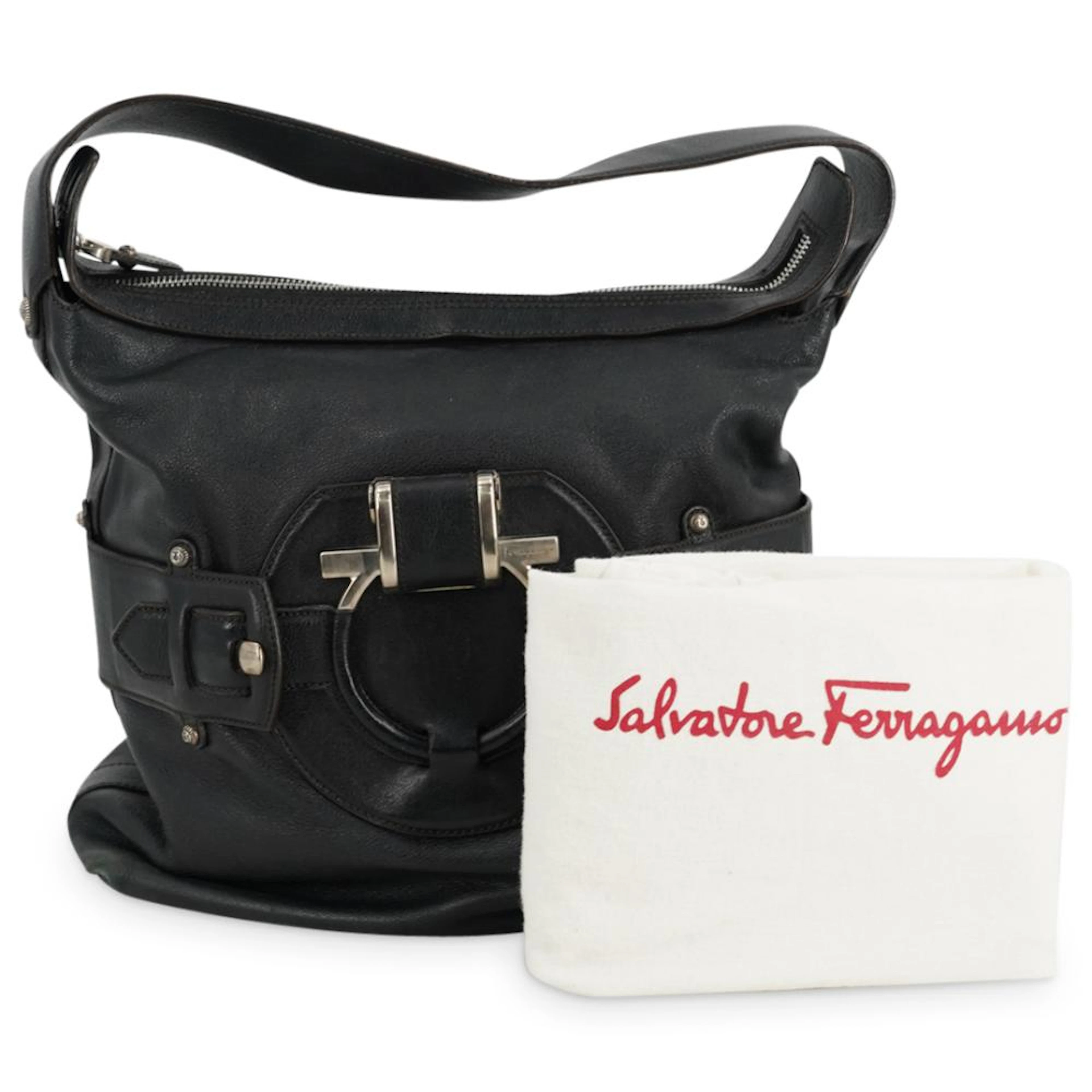 SALVATORE FERRAGAMO BLACK LEATHER SHOULDER BAG