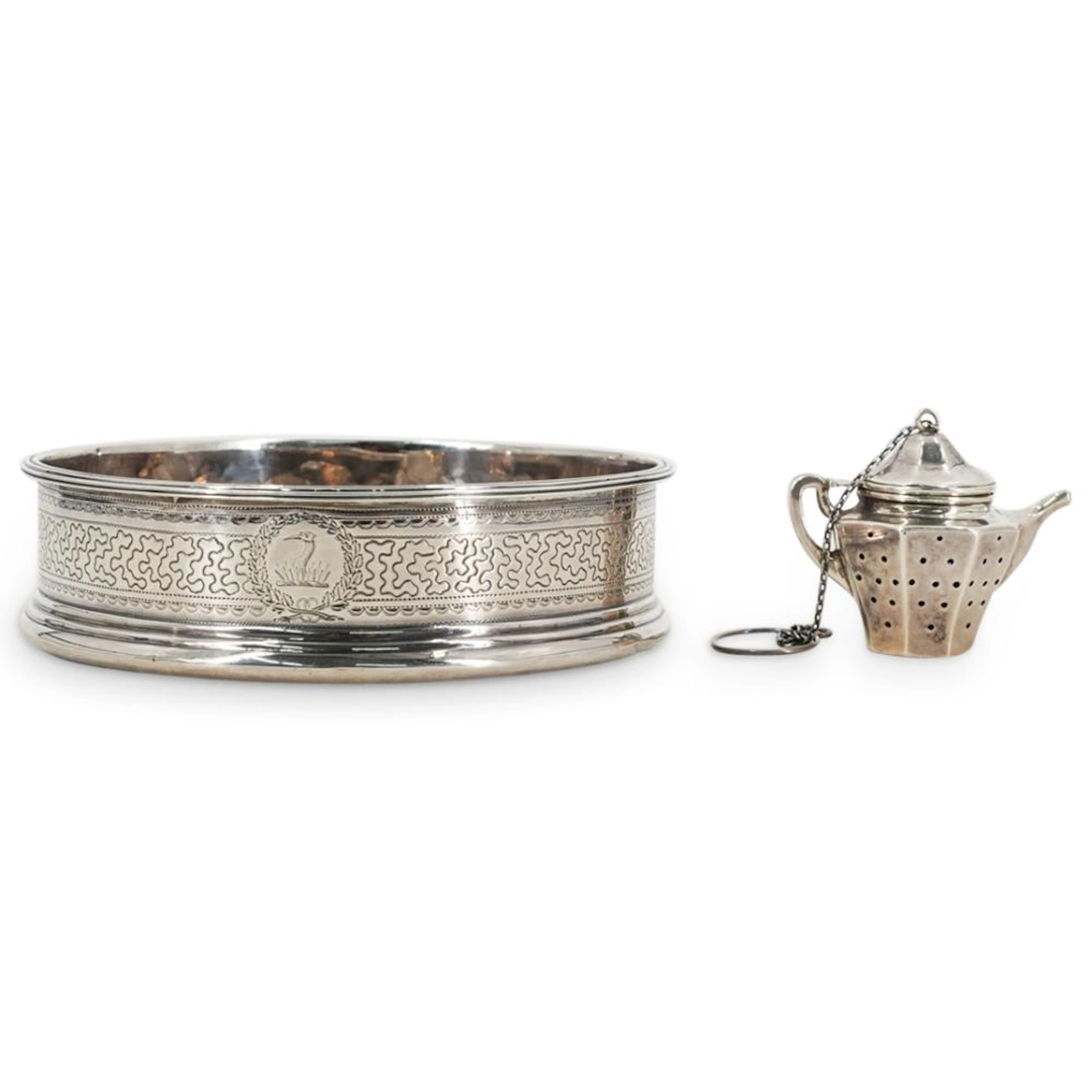 (2PC) ANTIQUE STERLING SILVER WINE COASTER & TEA INFUSER