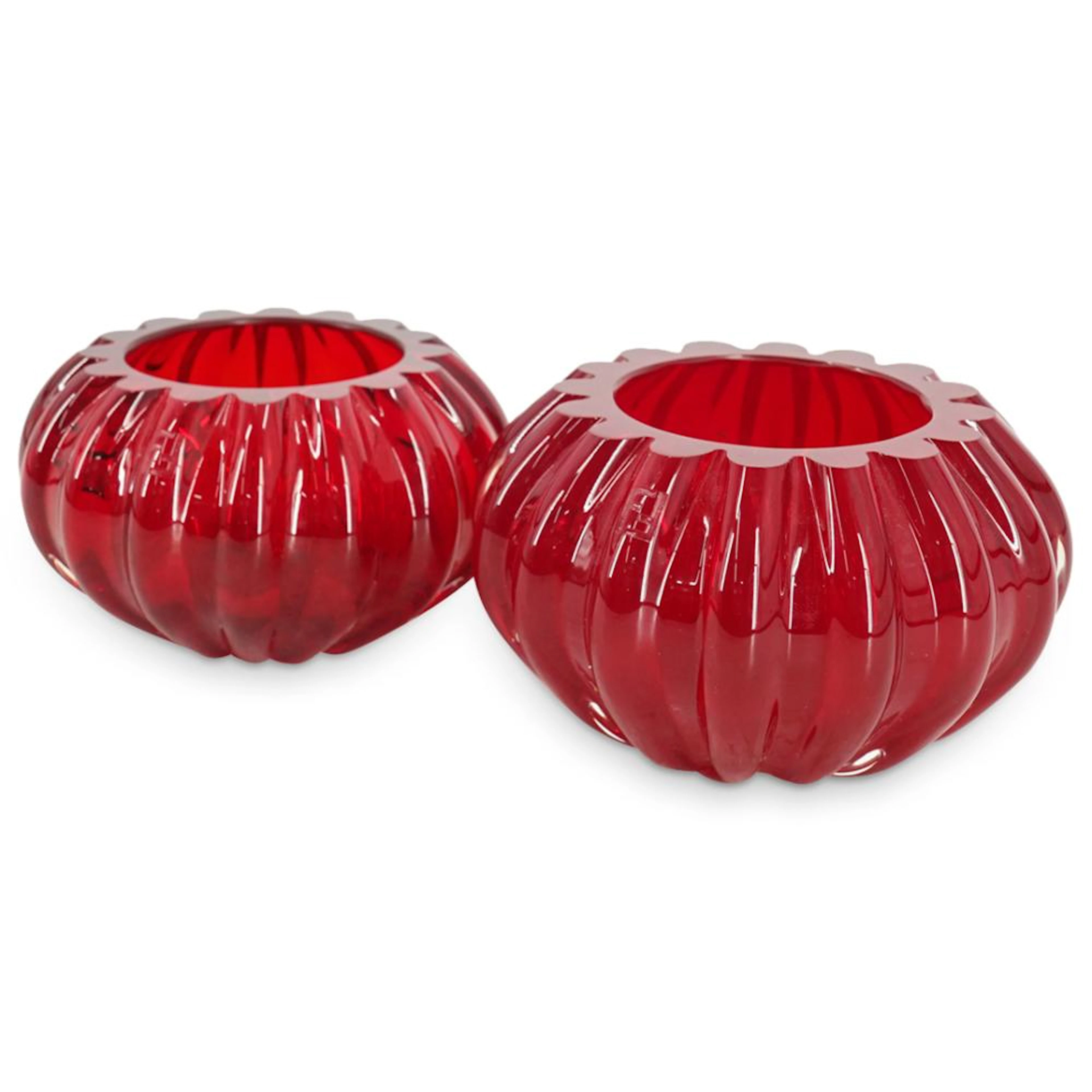 (2 Pc) Fendi Casa Murano Art Glass Red Candlesticks
