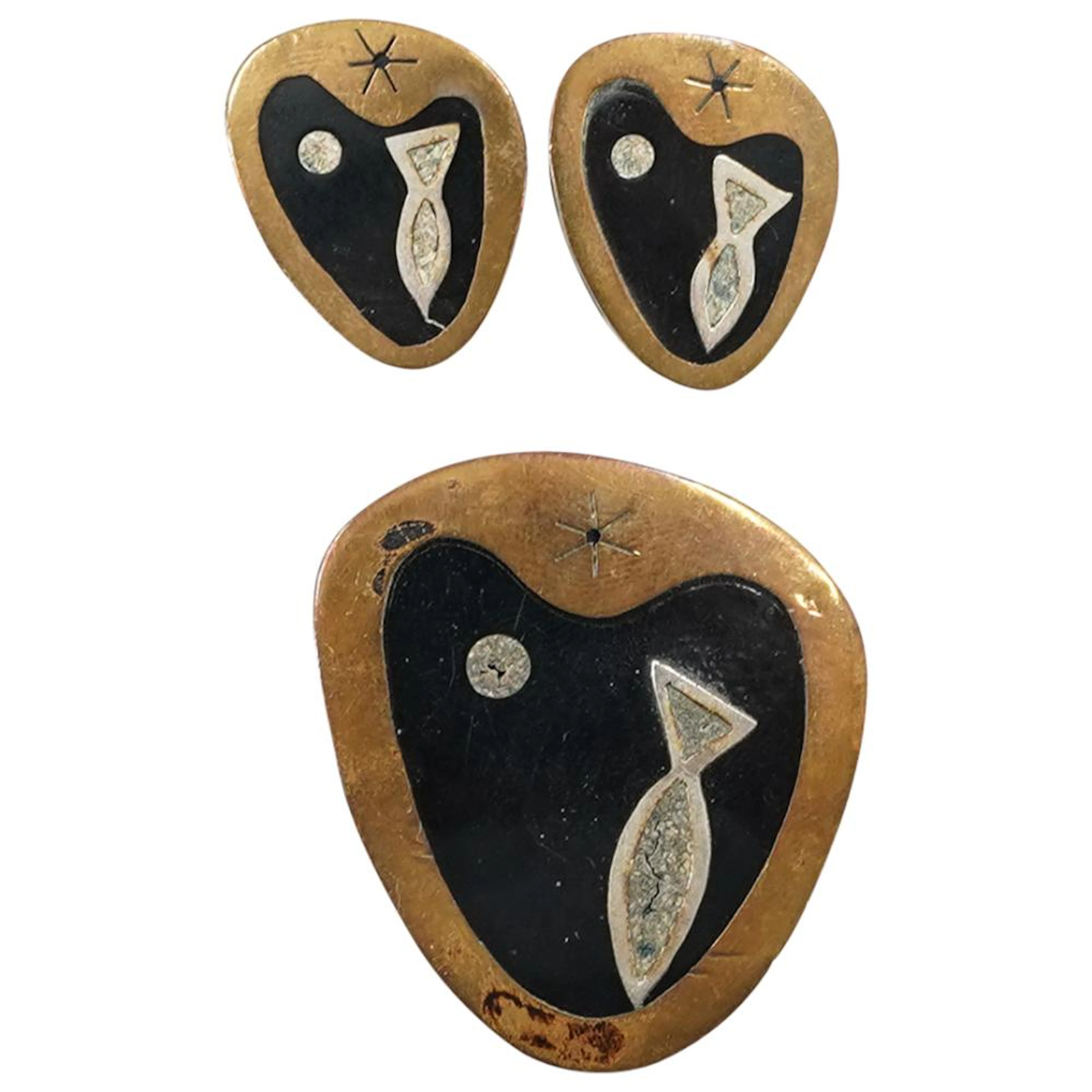 Vintage Georges Braque Style Sterling and Brass Jewelry Set