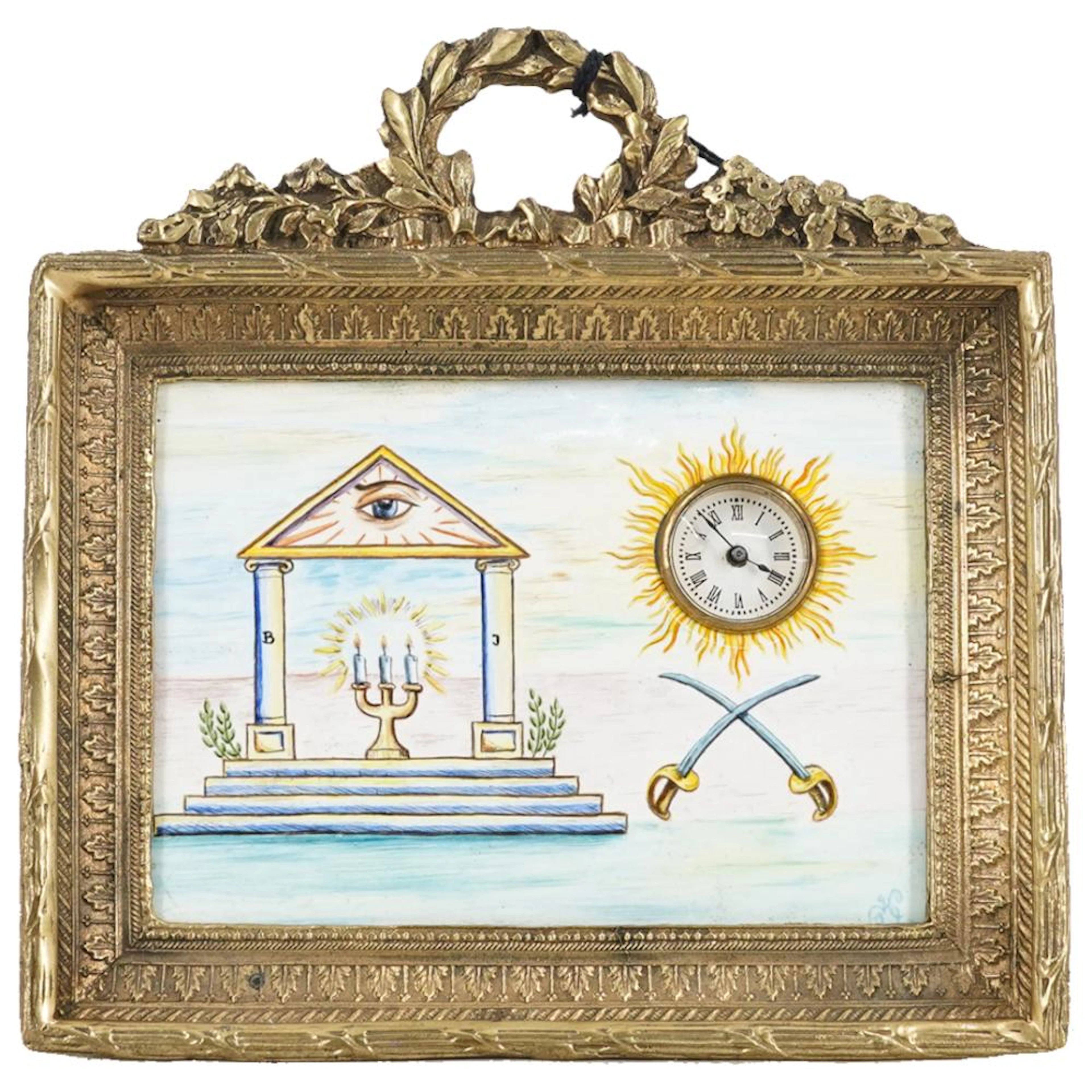 Signed Antique Bronze And Enamel Masonic Table Clock