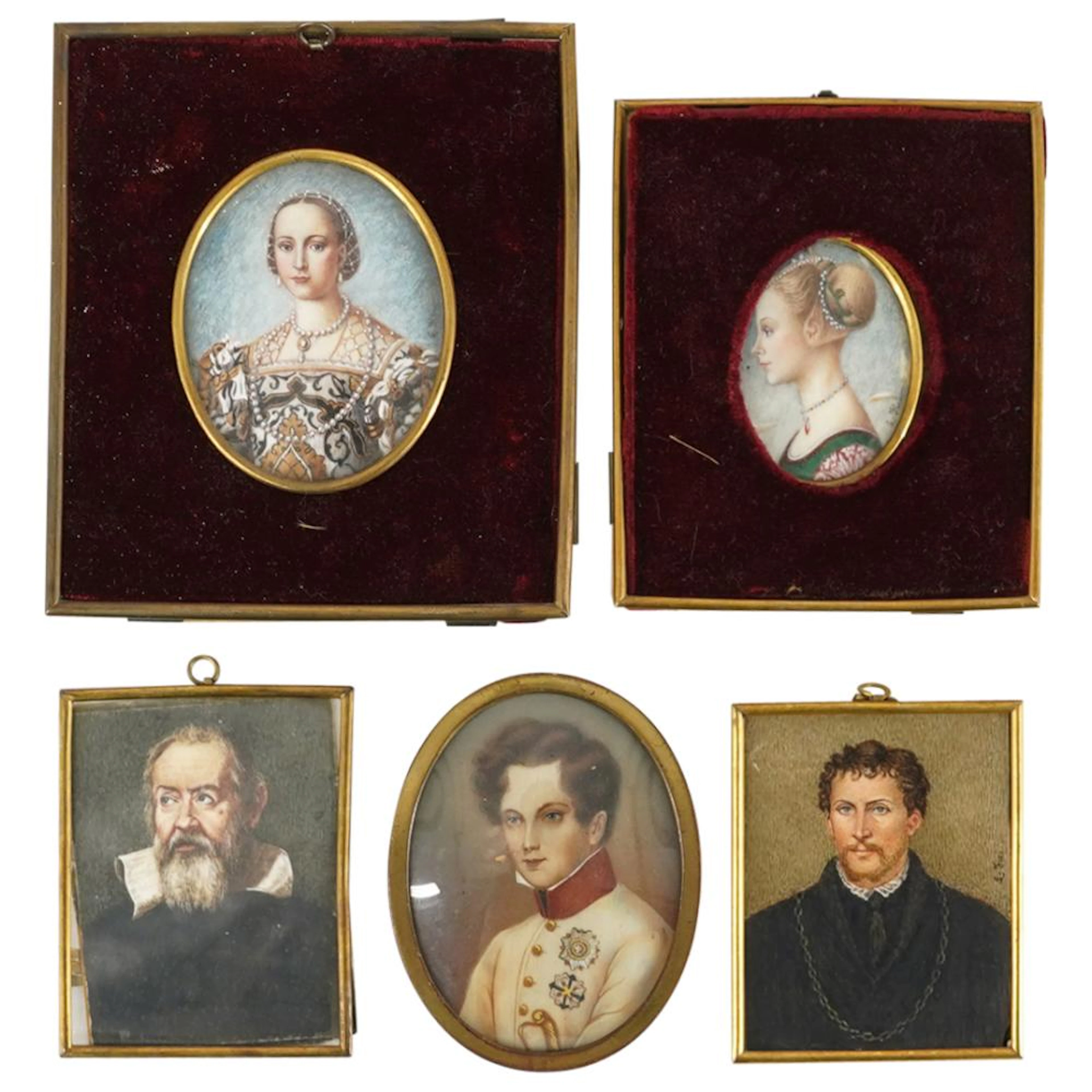 (5 Pc) Antique Framed Miniature European Portraits