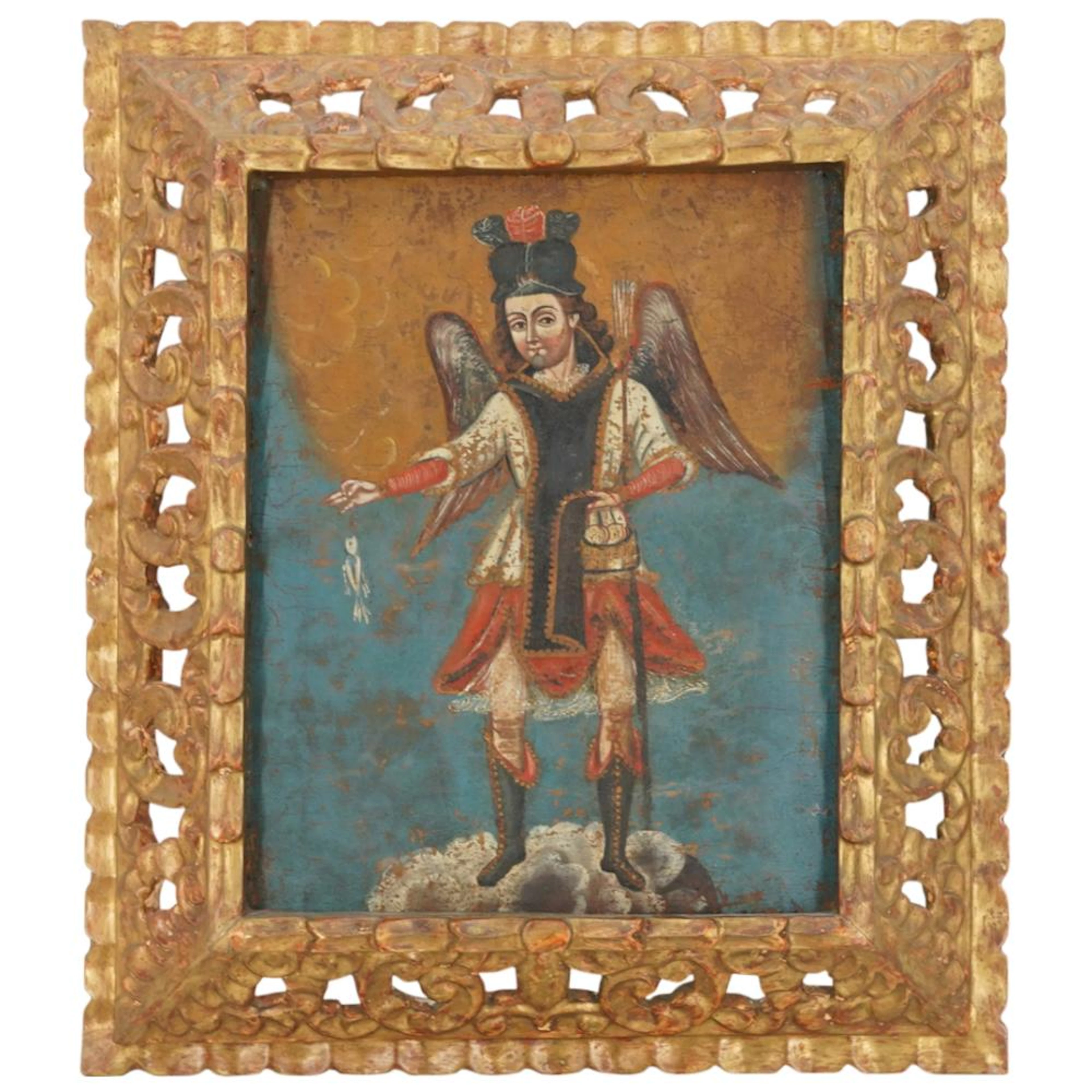 Antique Cuzco School Archangel Raphael Oil on Canvas Painting