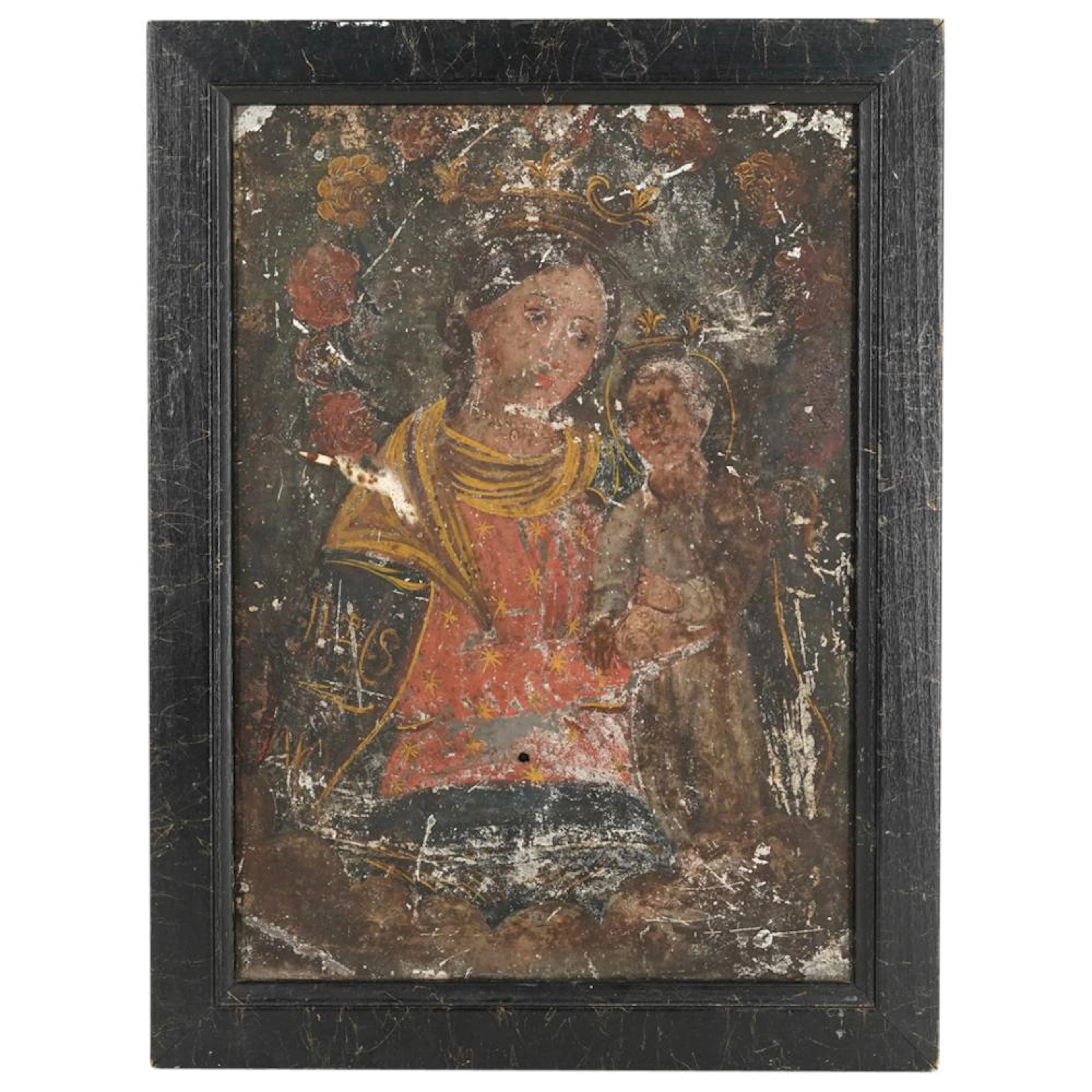 Antique Retablo Madonna And Child Painting On Ti