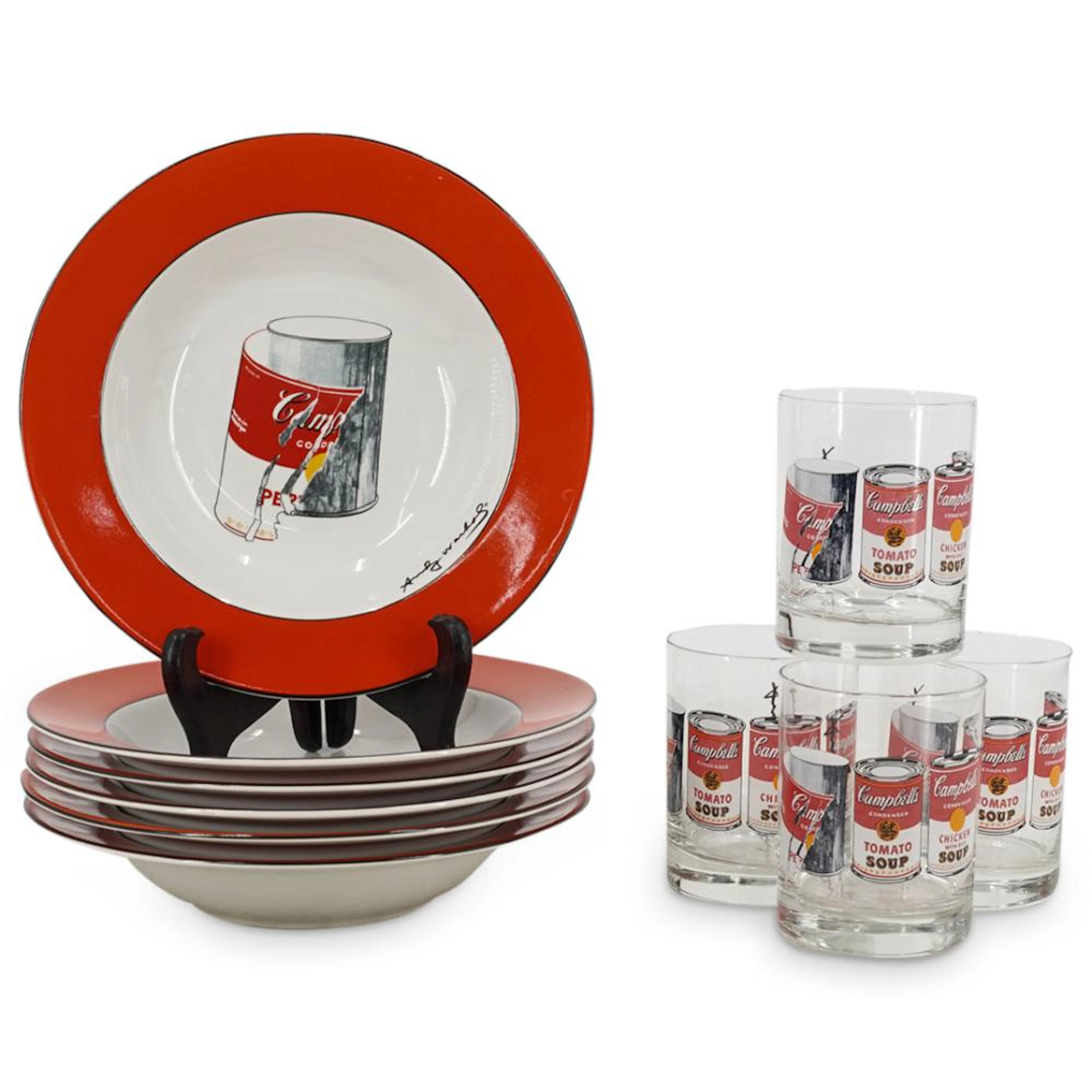 (10Pc) Block Andy Warhol Campbells Soup Bowls & Glasses