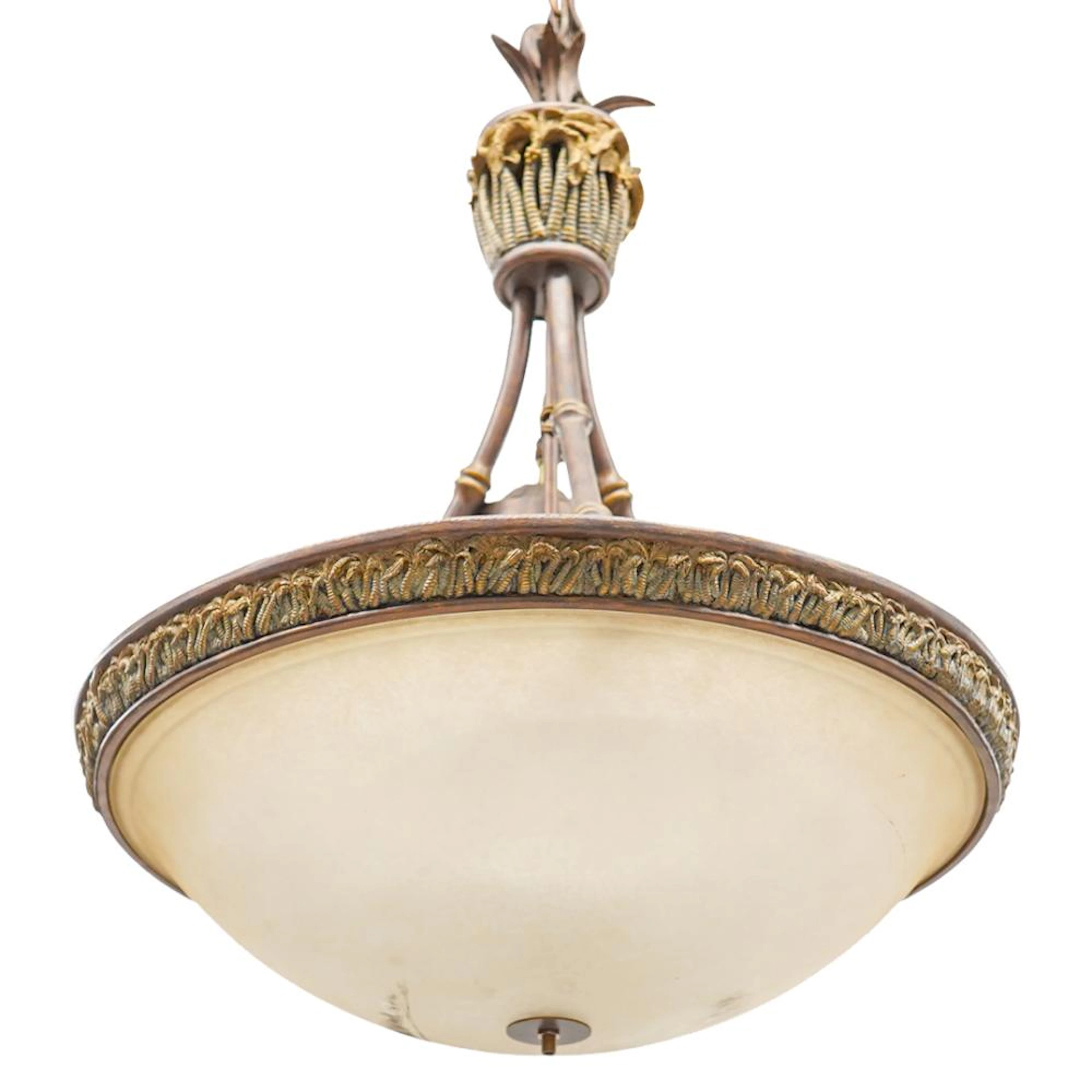 Patinated Metal and Frosted Glass Chandelier