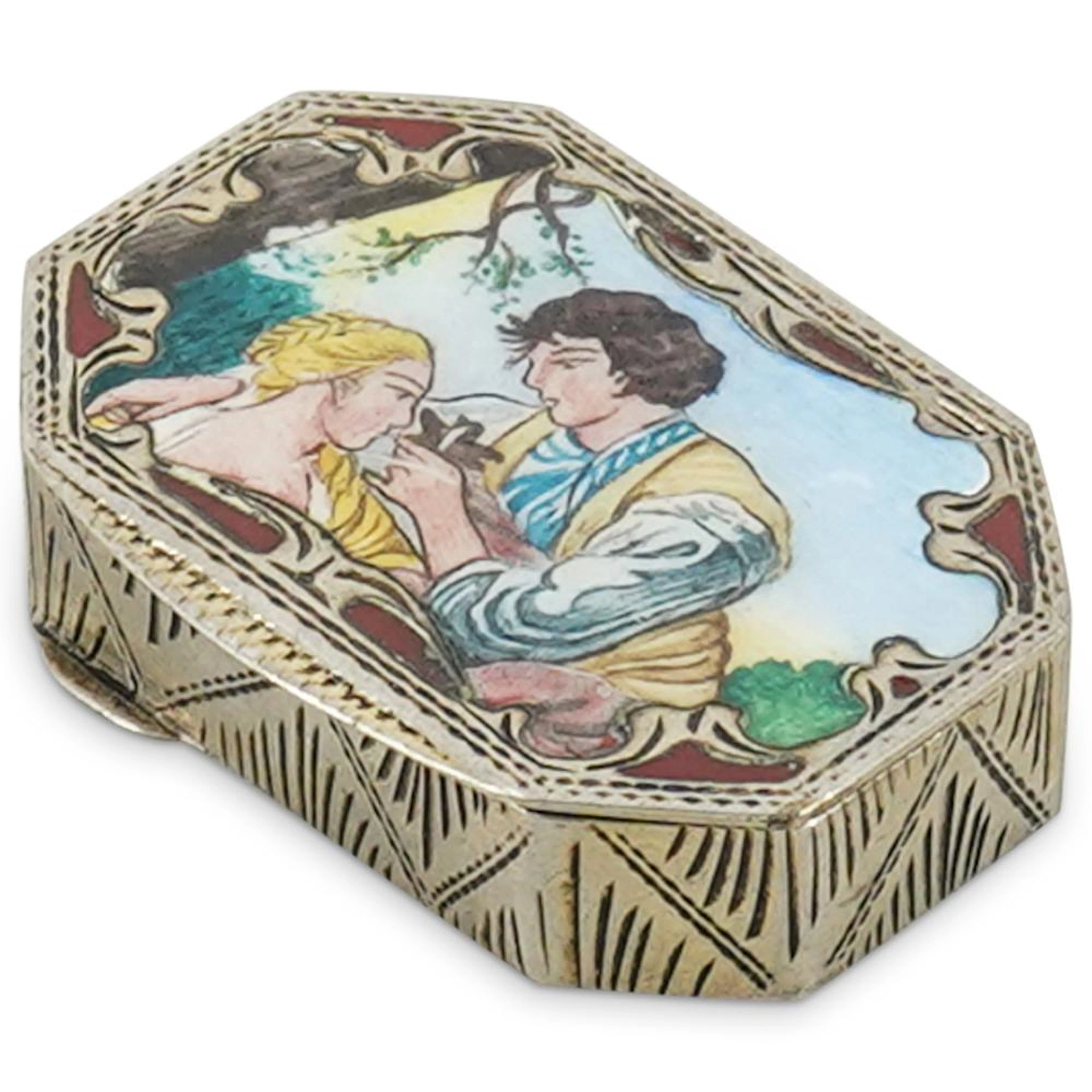 Vintage Italian 800 Silver Hinged Enamel Pill Box