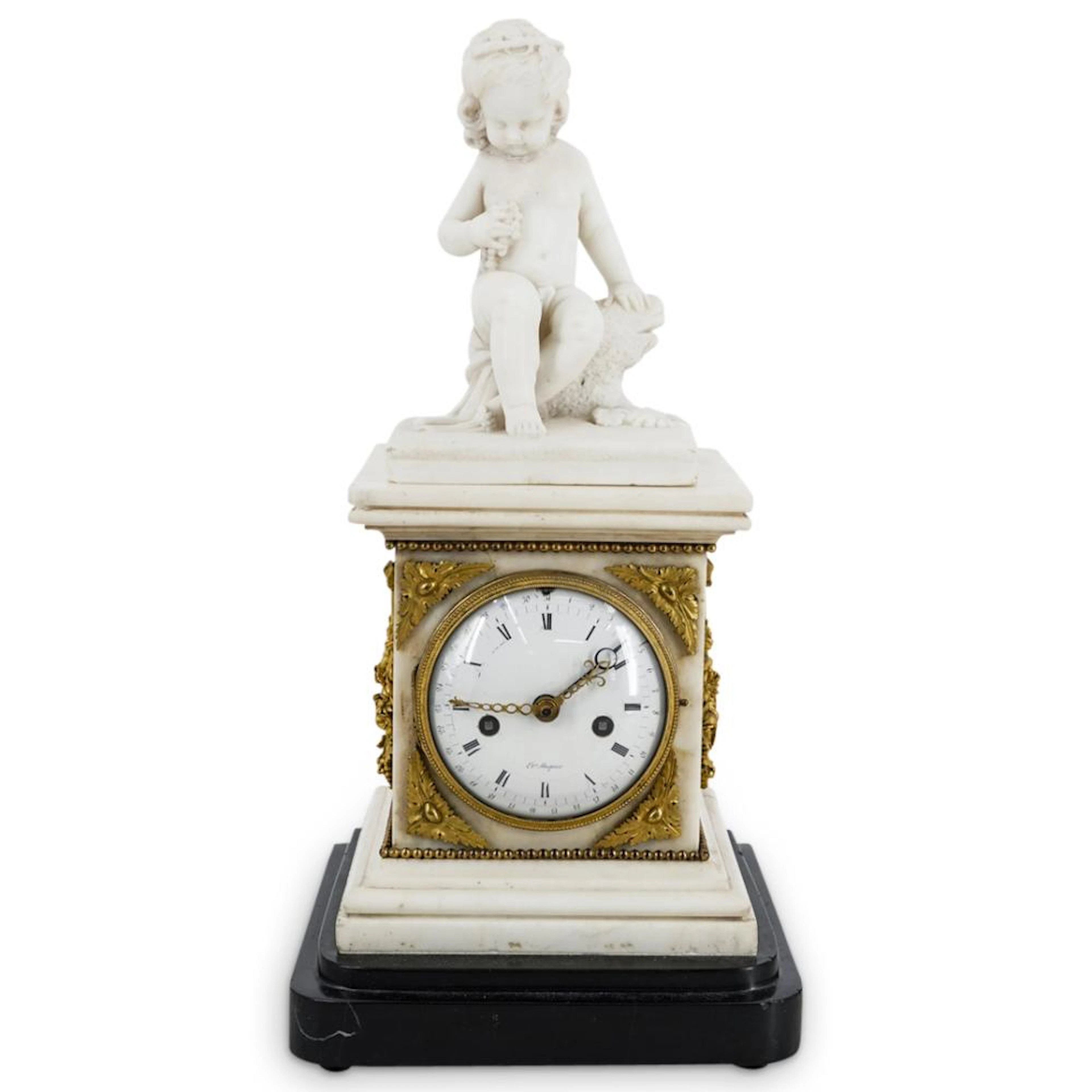 Antique French E. Mugnier Marble Figural Mantle Clock