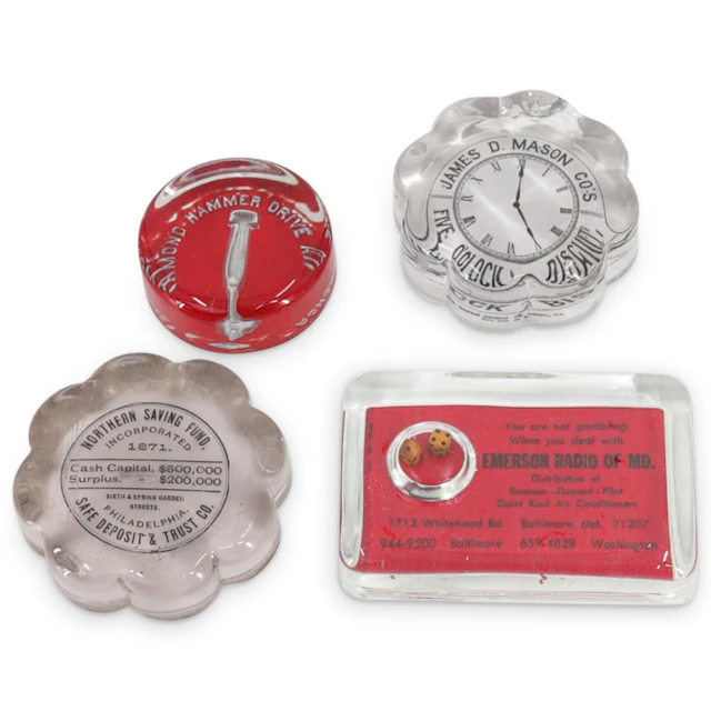 (4 Pc) Vintage Advertising Art Glass Paperweights
