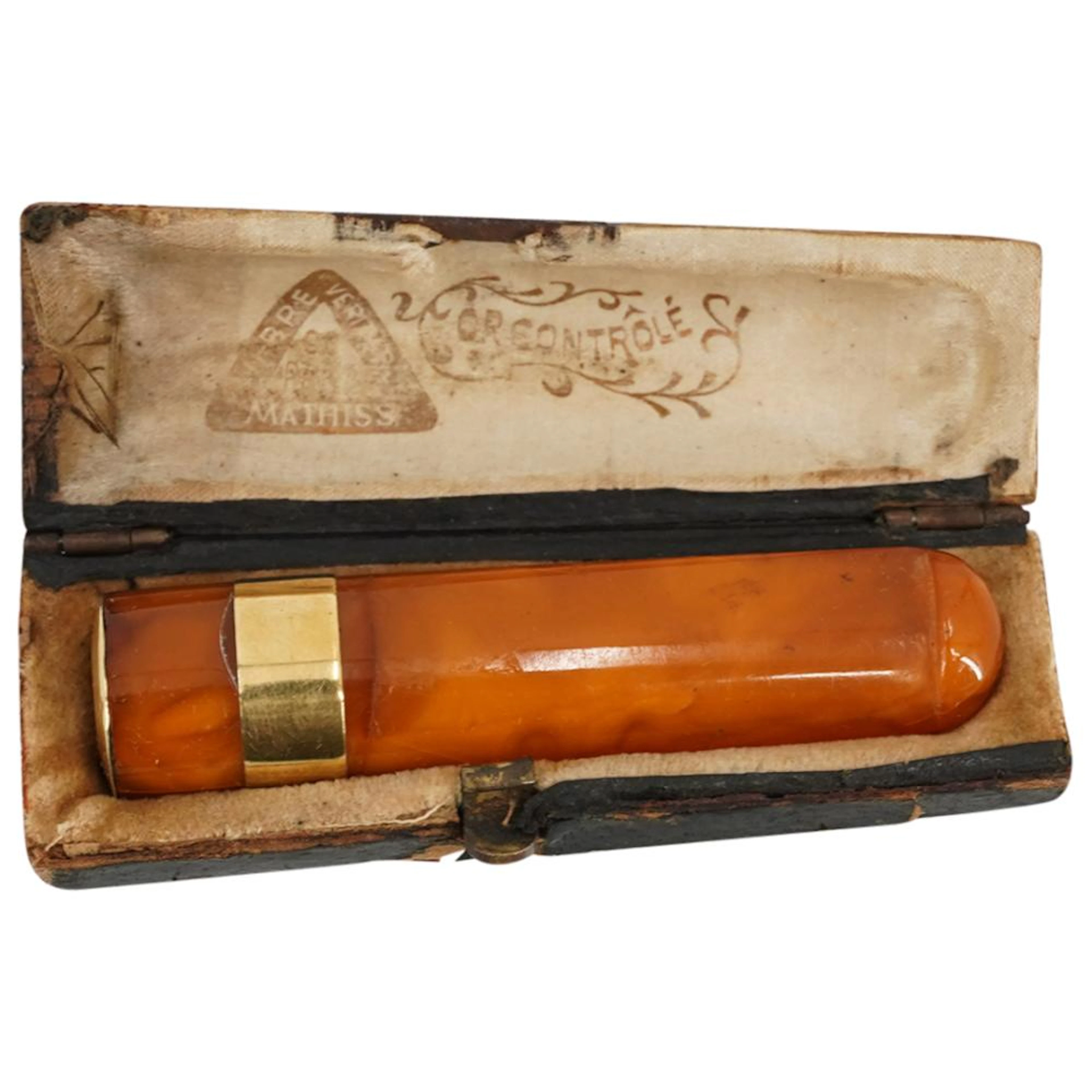Antique French Mathiss Amber And 18K Gold Pipe Bit In Original Box
