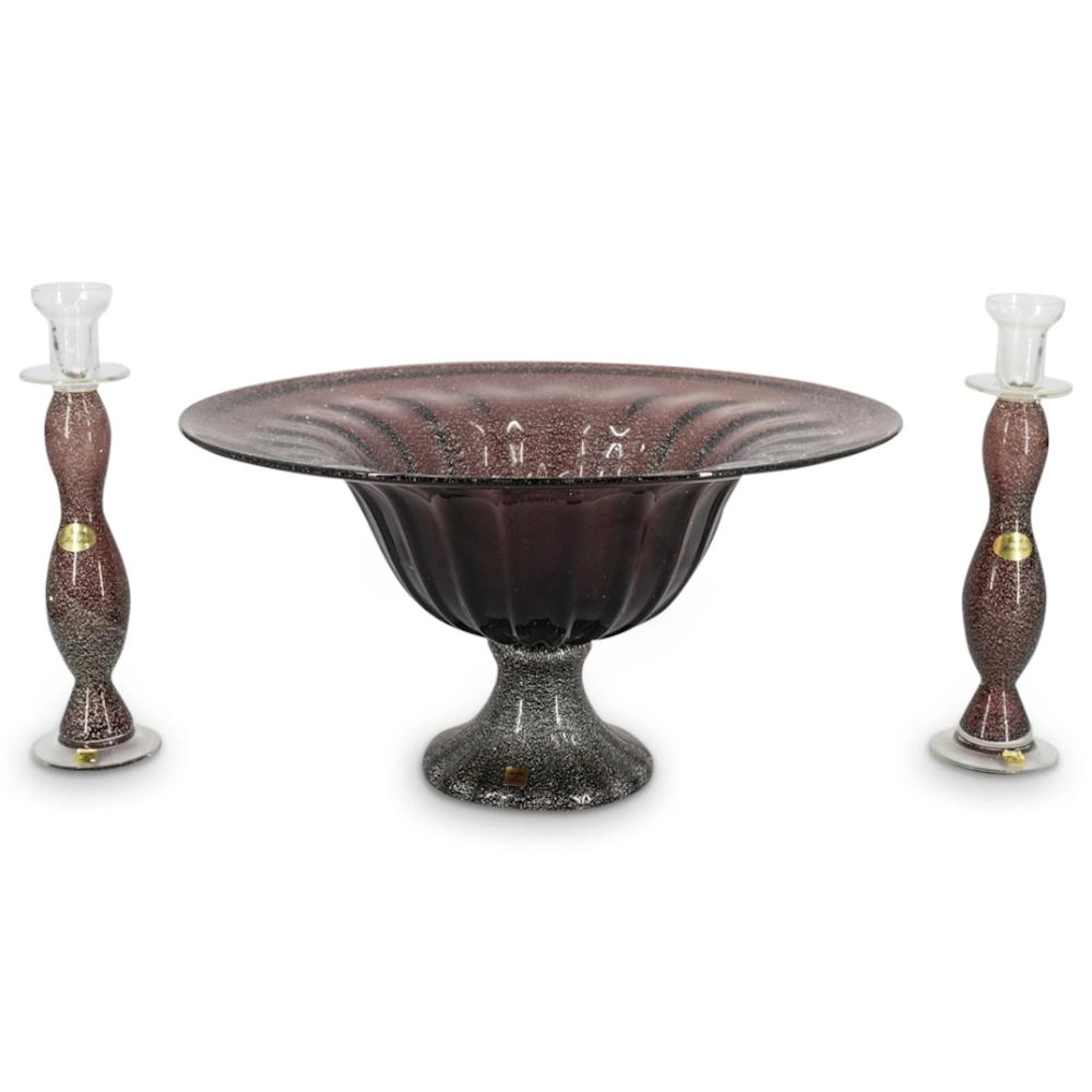 (3 Pc) Lg Murano Glass Centerpiece Bowl W/ Candlesticks, Poss. Tagliapietra