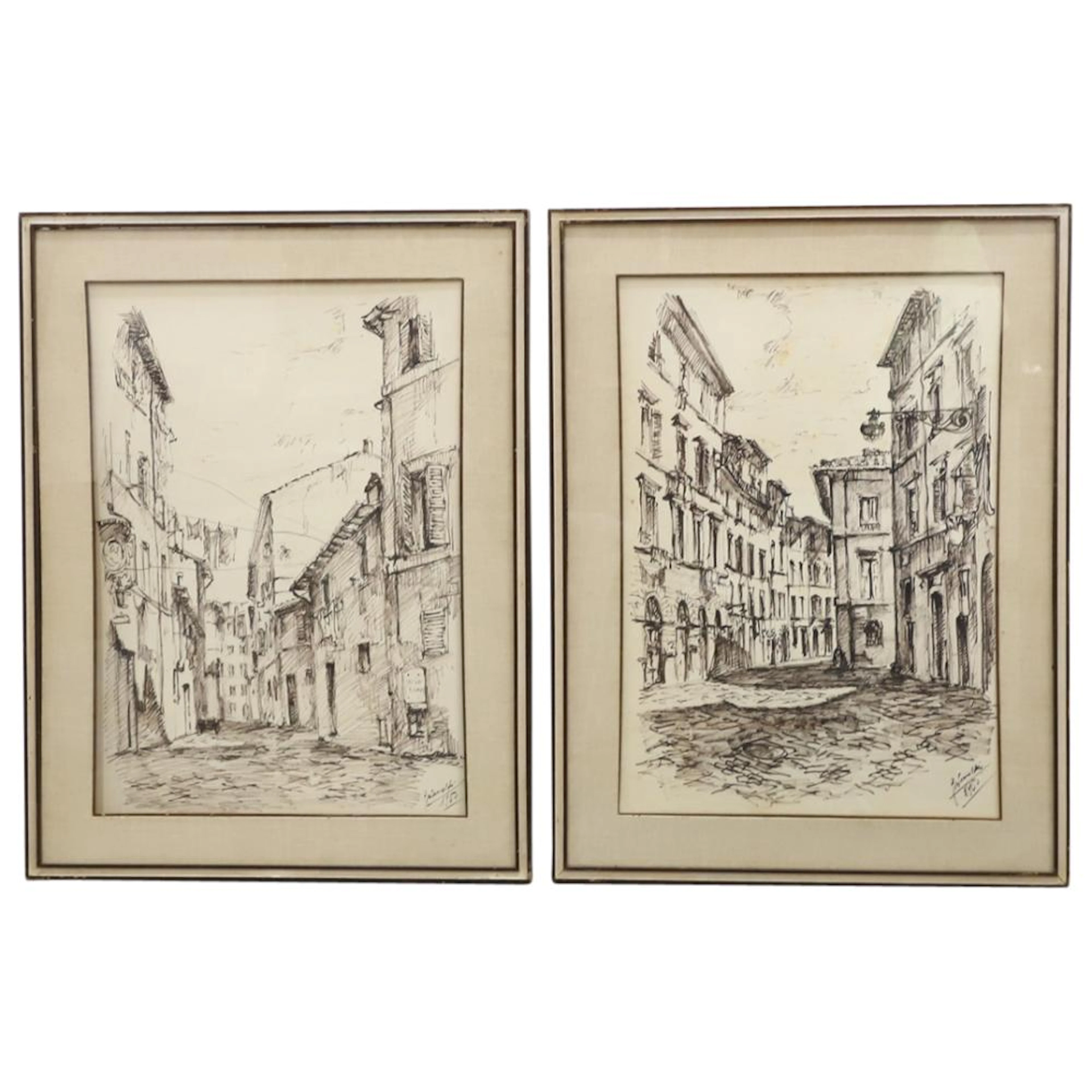 (2Pc) Antique Italian Ink on Paper Cityscape Drawings