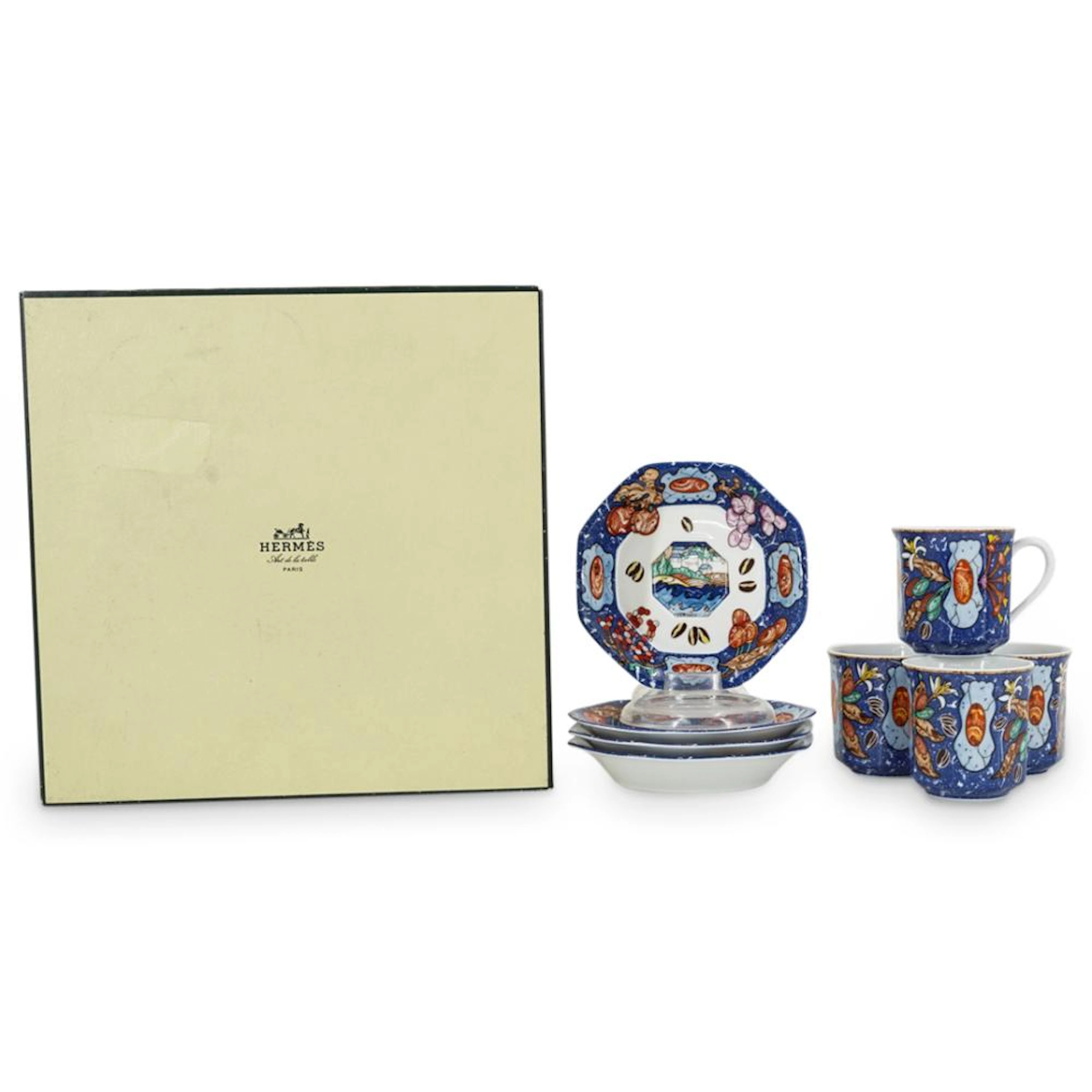 Hermes Limoges "Marqueterie" Porcelain Cups & Saucers Set