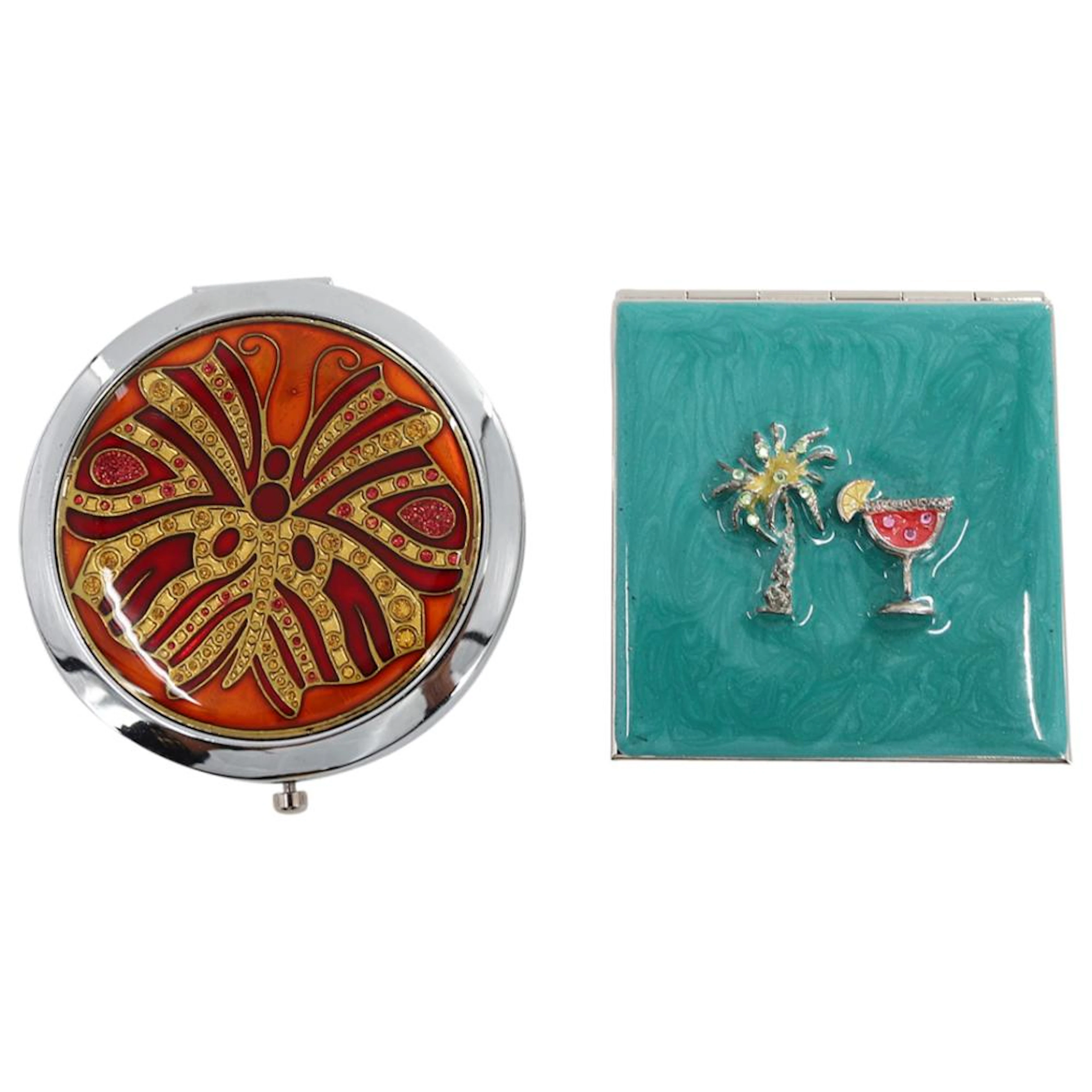 (2 Pc) Vintage Enameled Pocket Mirrors