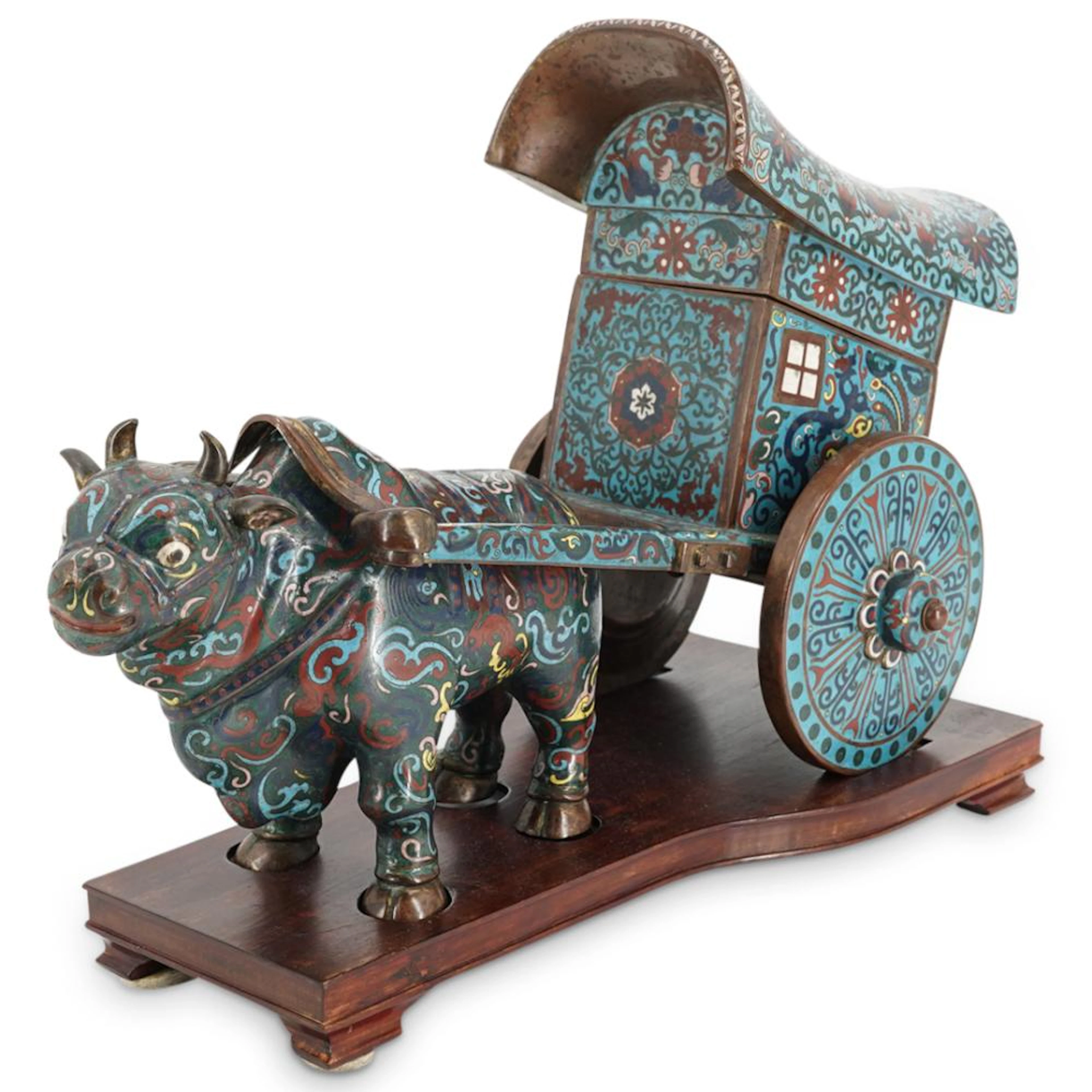 Antique Chinese Cloisonne Ox & Cart Sculpture