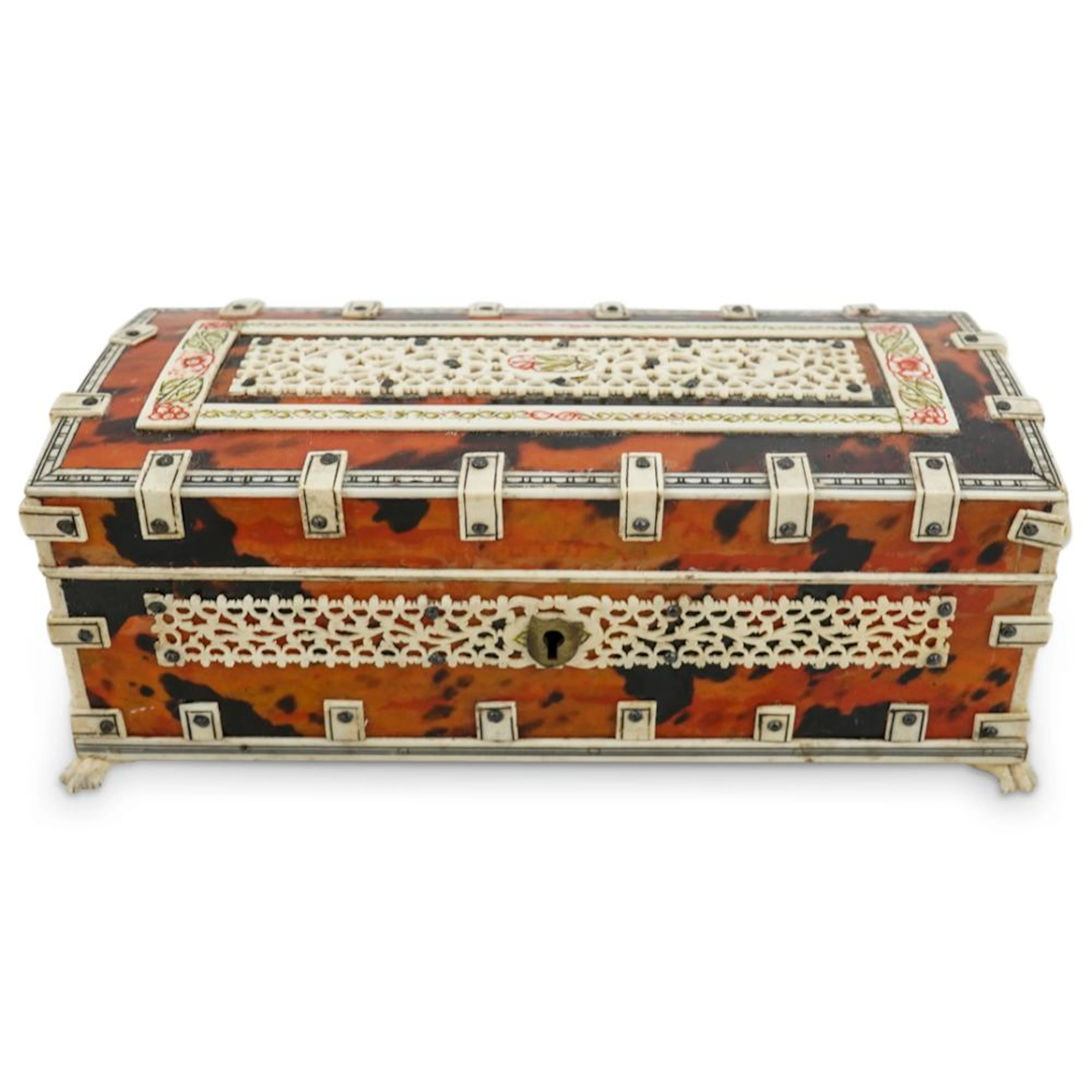 Antique Indian Bone And Wood Hinged Lidded Vanity Box