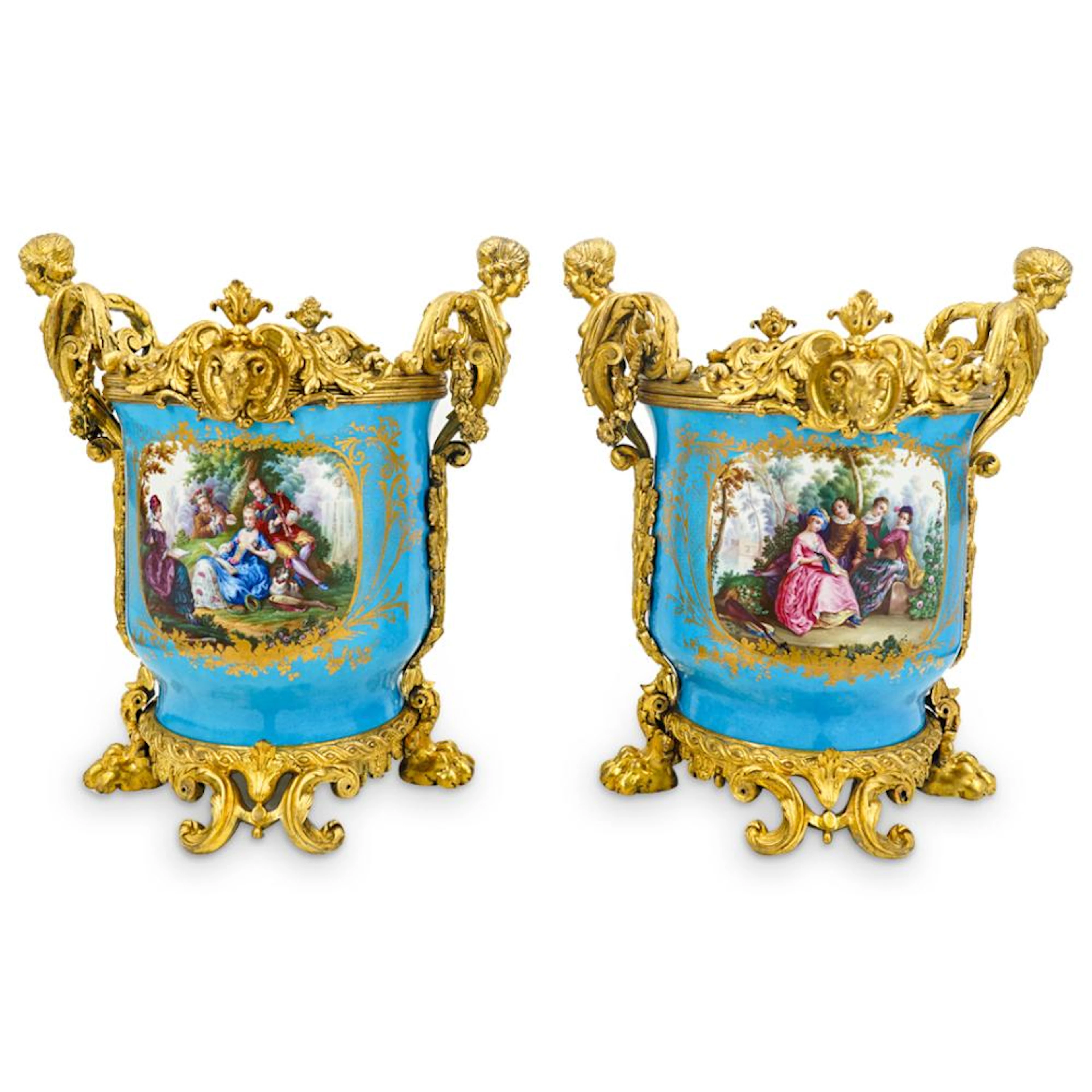 Antique Pair of Sevres Porcelain Dore Cachepots