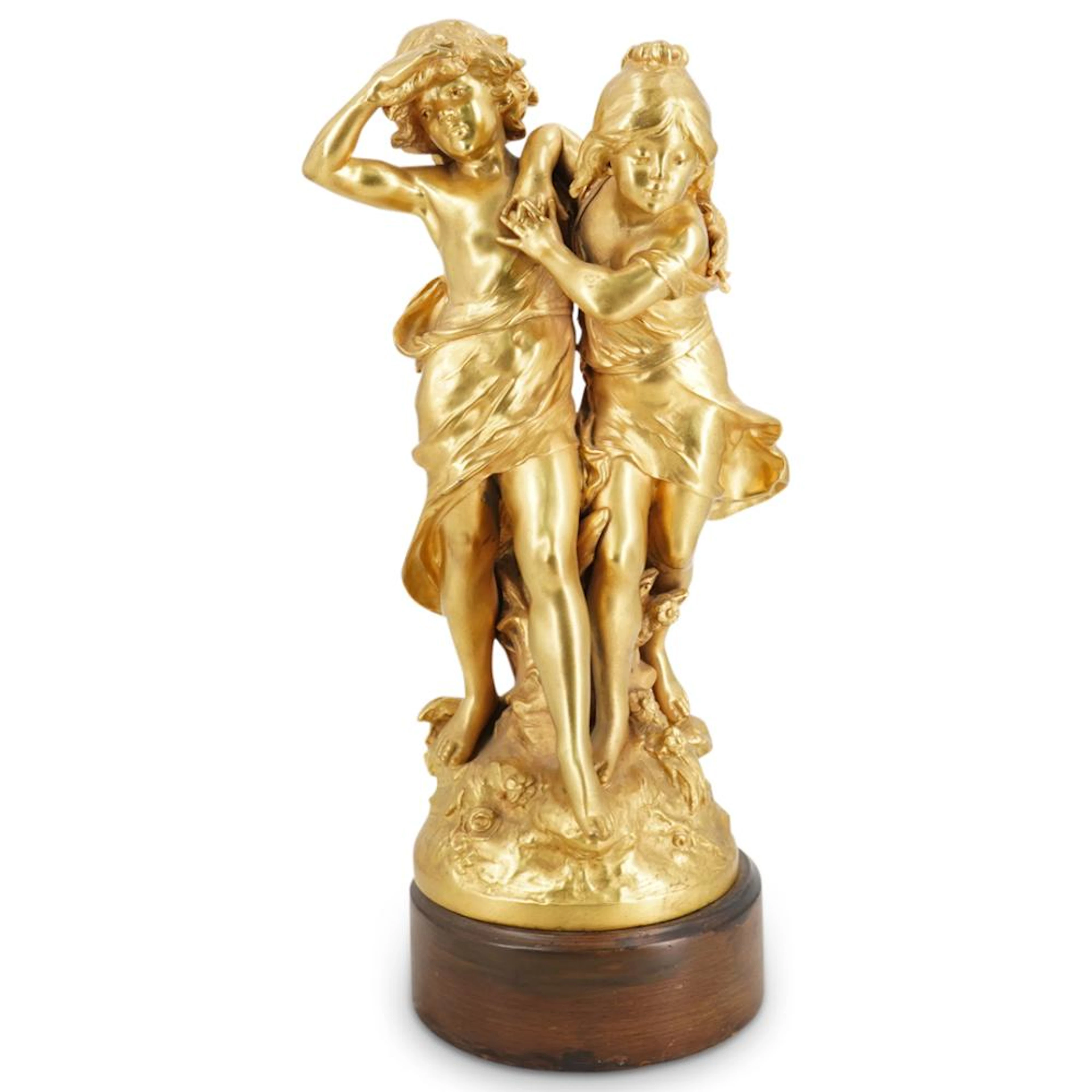 After Auguste Moreau "Le Sentier Perdu" Gilt Metal Sculpture