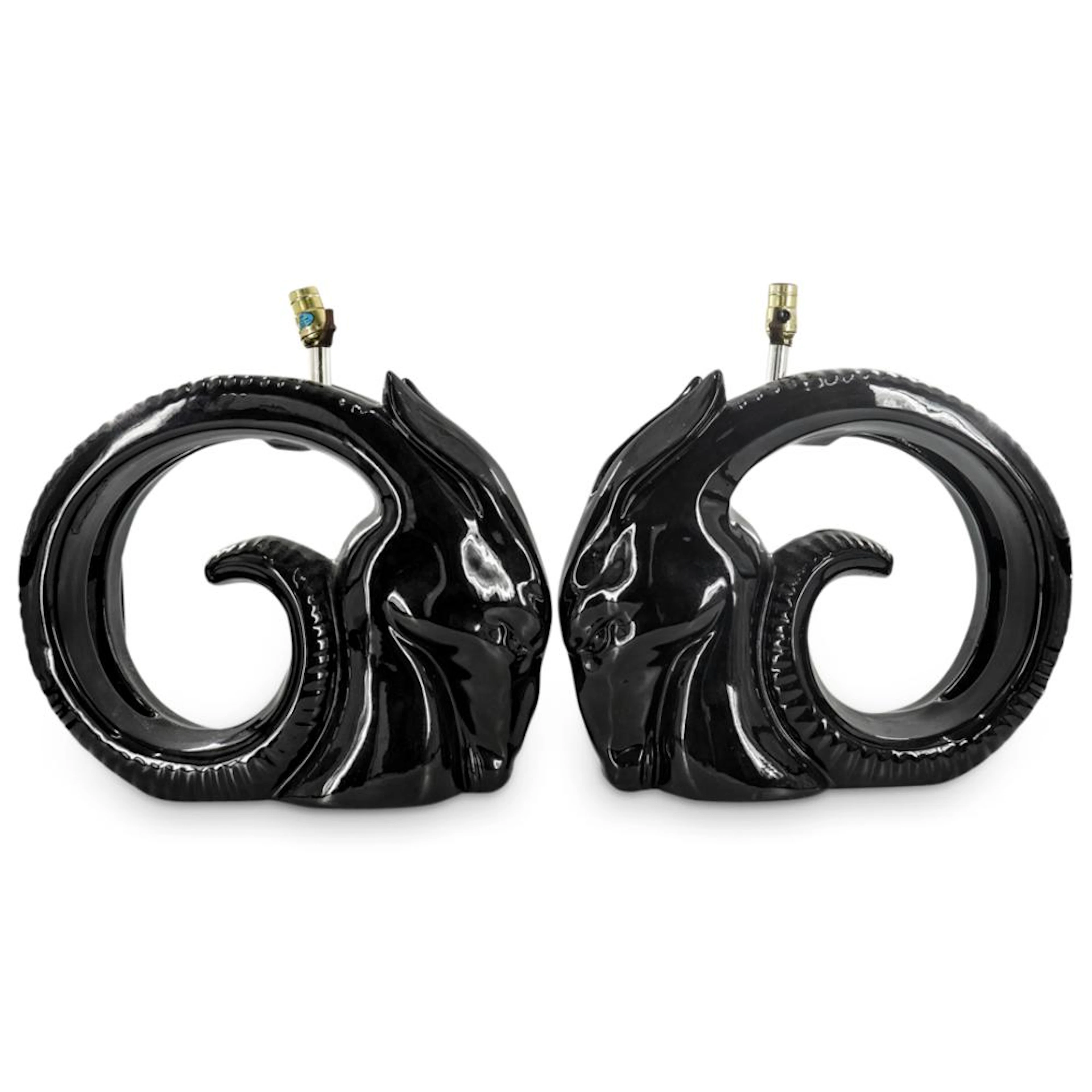 (2 Pc) Vintage Italian Black Glazed Porcelain Ram's Head Lamps