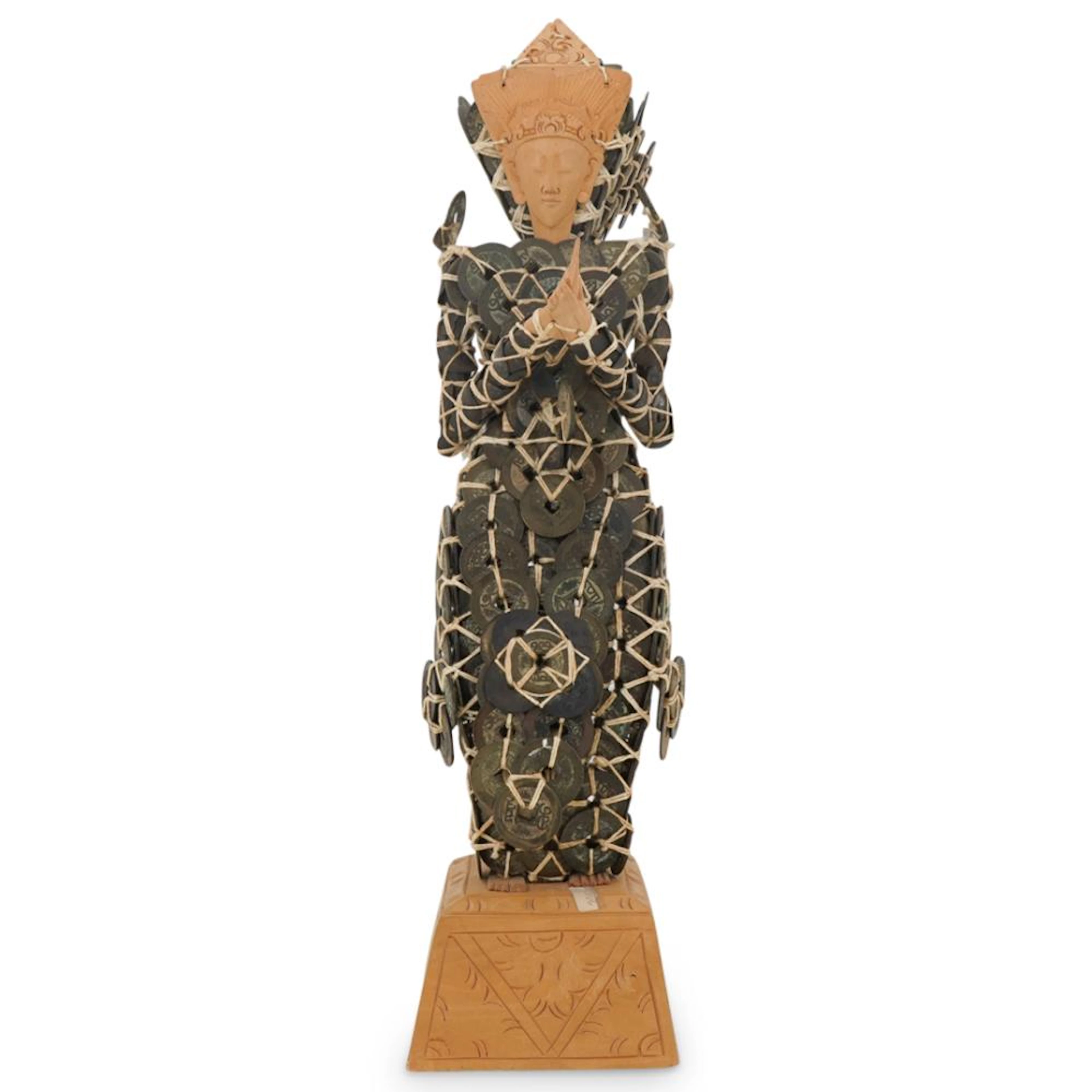 Cambodian Coin And Carved Wood Sculpture