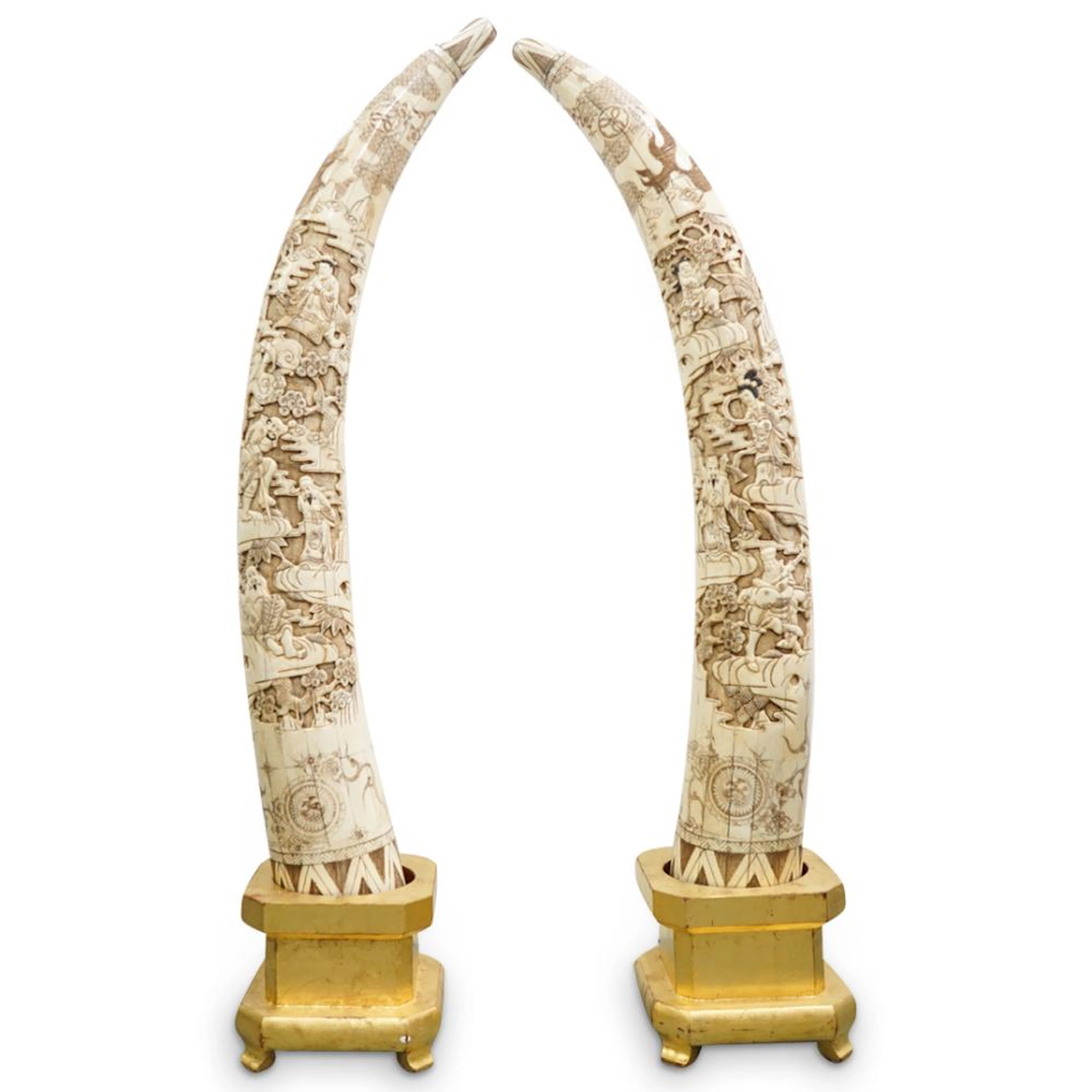 Pair of Chinese Carved Bone Tusks