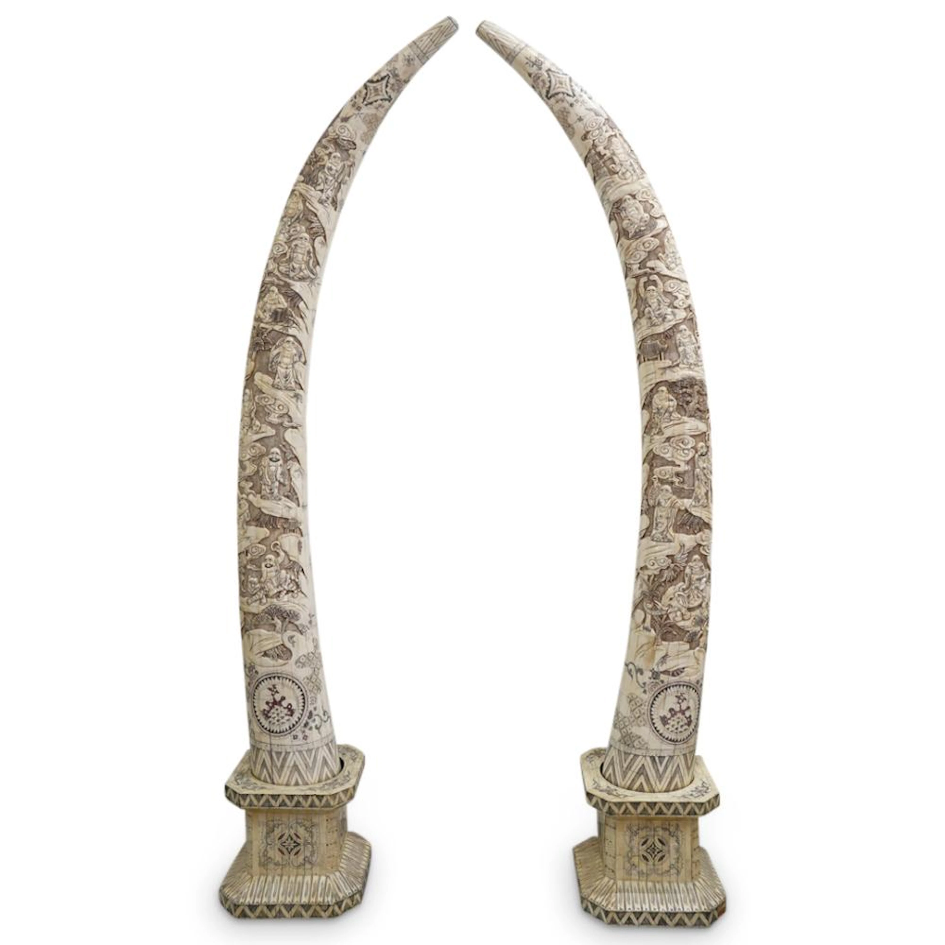 Palace Size Pair of Chinese Carved Bone Tusks
