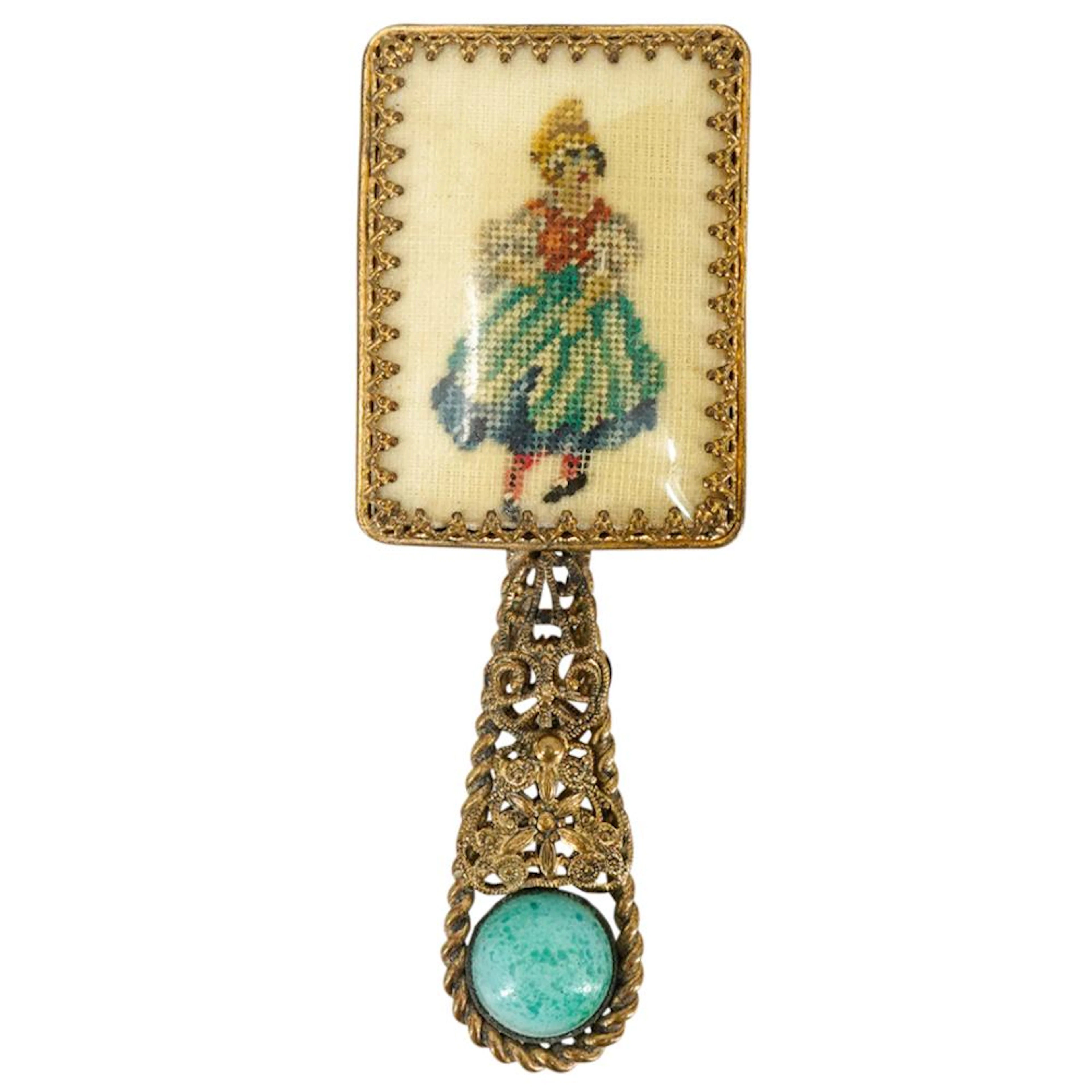 Vintage English Petit Point Small Handled Mirror