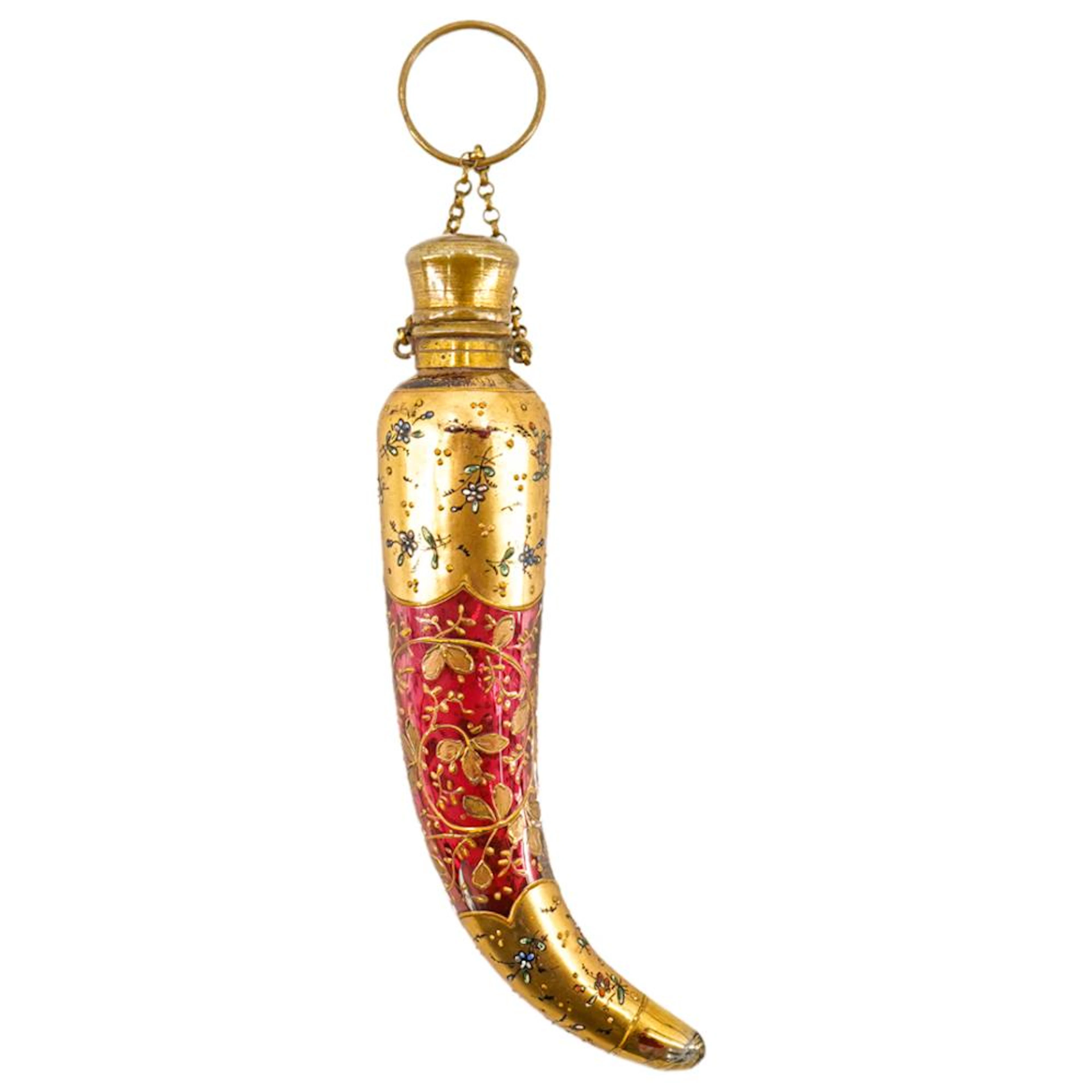 Antique Moser Horn Form Gilt Ruby Glass Perfume Bottle