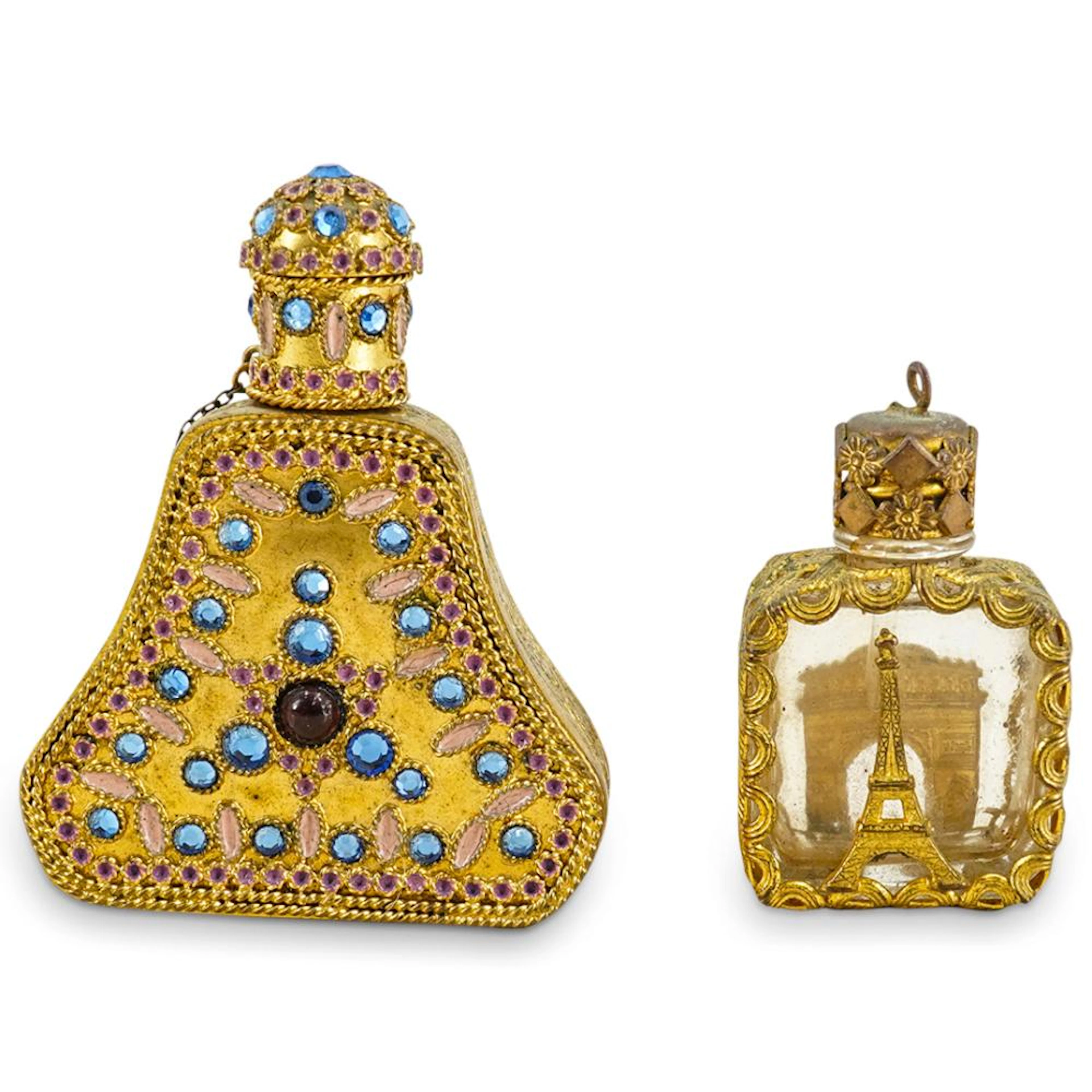 (2 Pc) Antique Czech / French Filigree Brass & Glass Jeweled Scent Bottles
