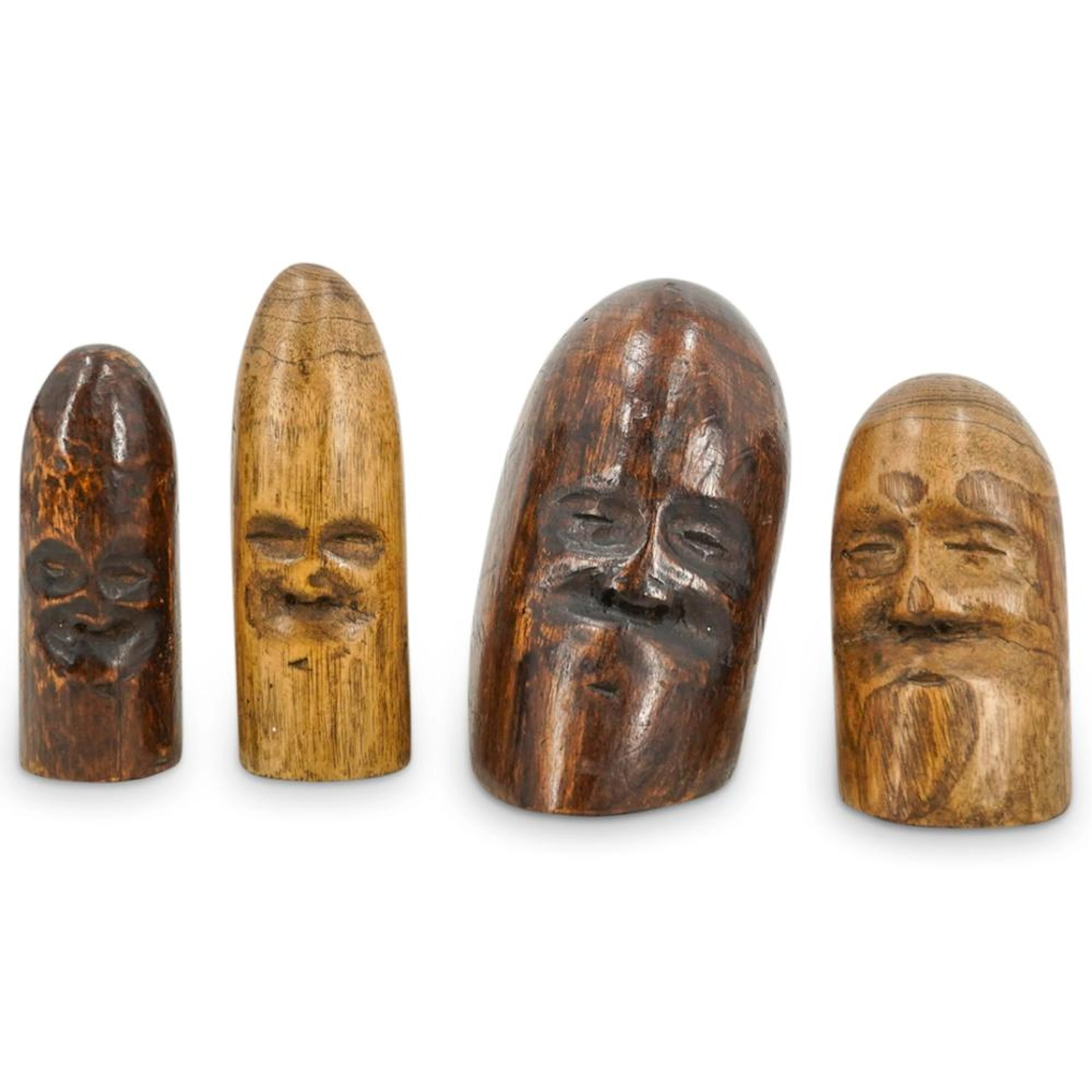 (4 Pc) Signed L. Shand Carved Wood Tribal Style Heads