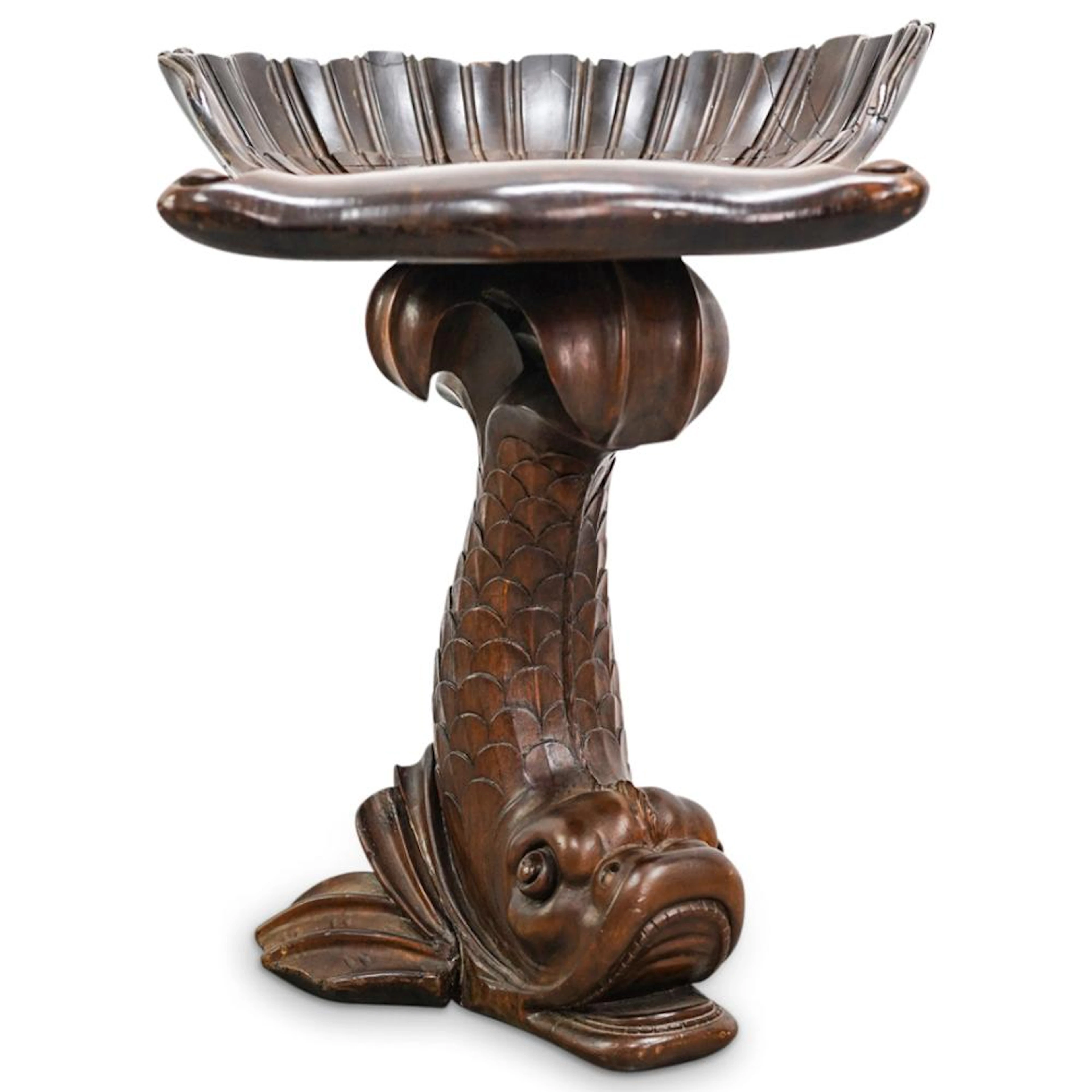 Signed Hand-Carved Shell Seat W/ Dolphin Base Wooden Chair