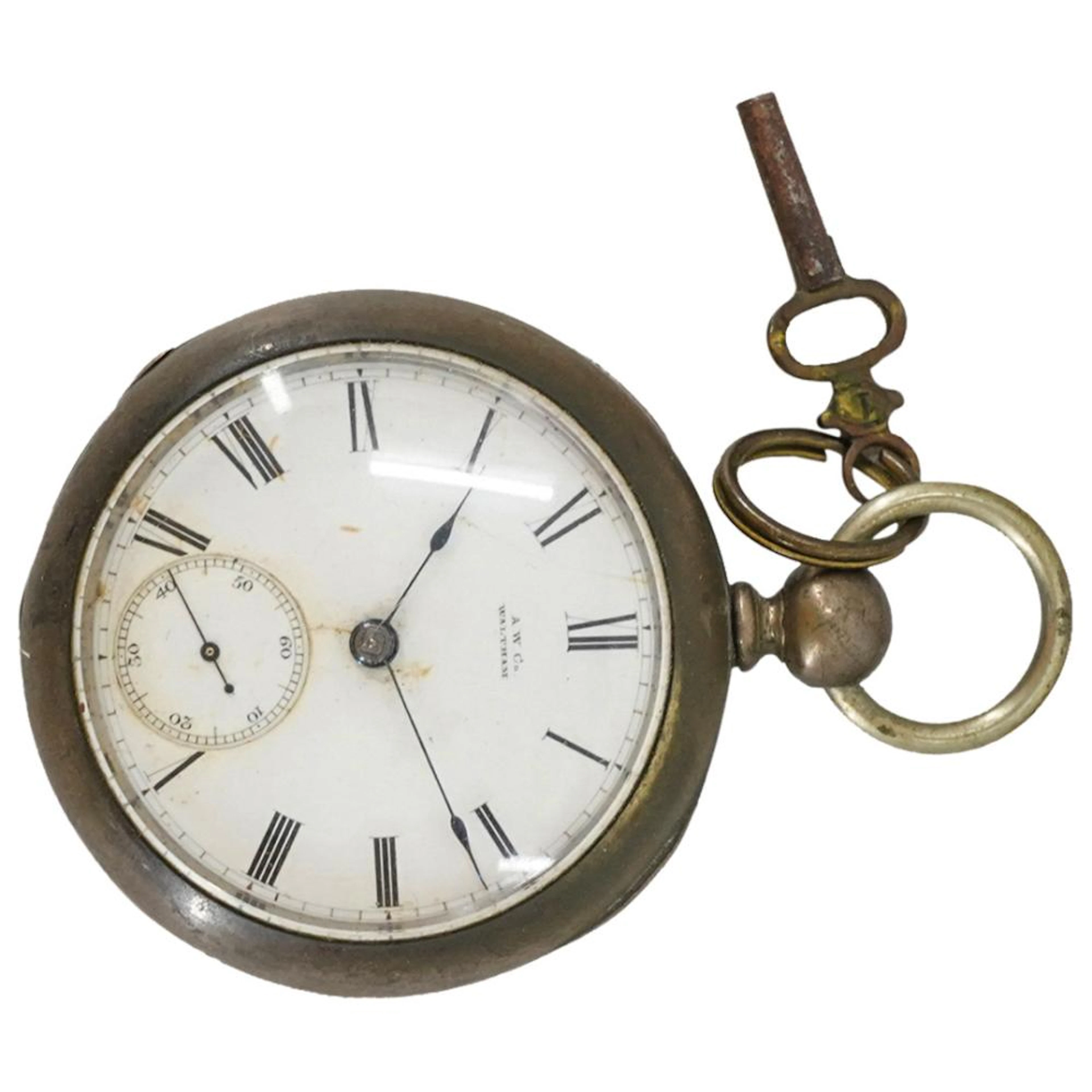 Antique A.W. Waltham Coin Silver Pocket Watch With Key