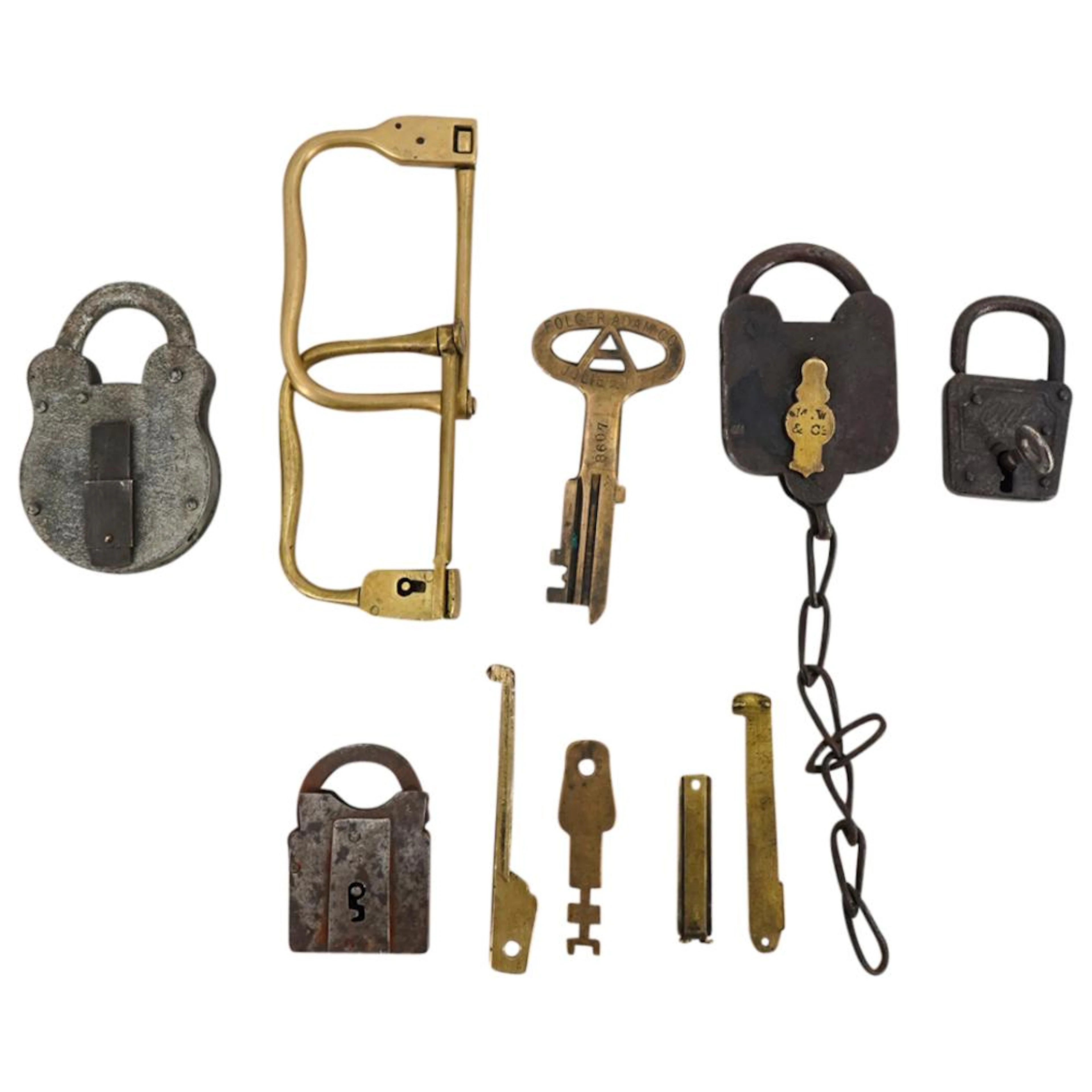 (12 Pc) Assorted Antique Brass And Iron Locks And Keys