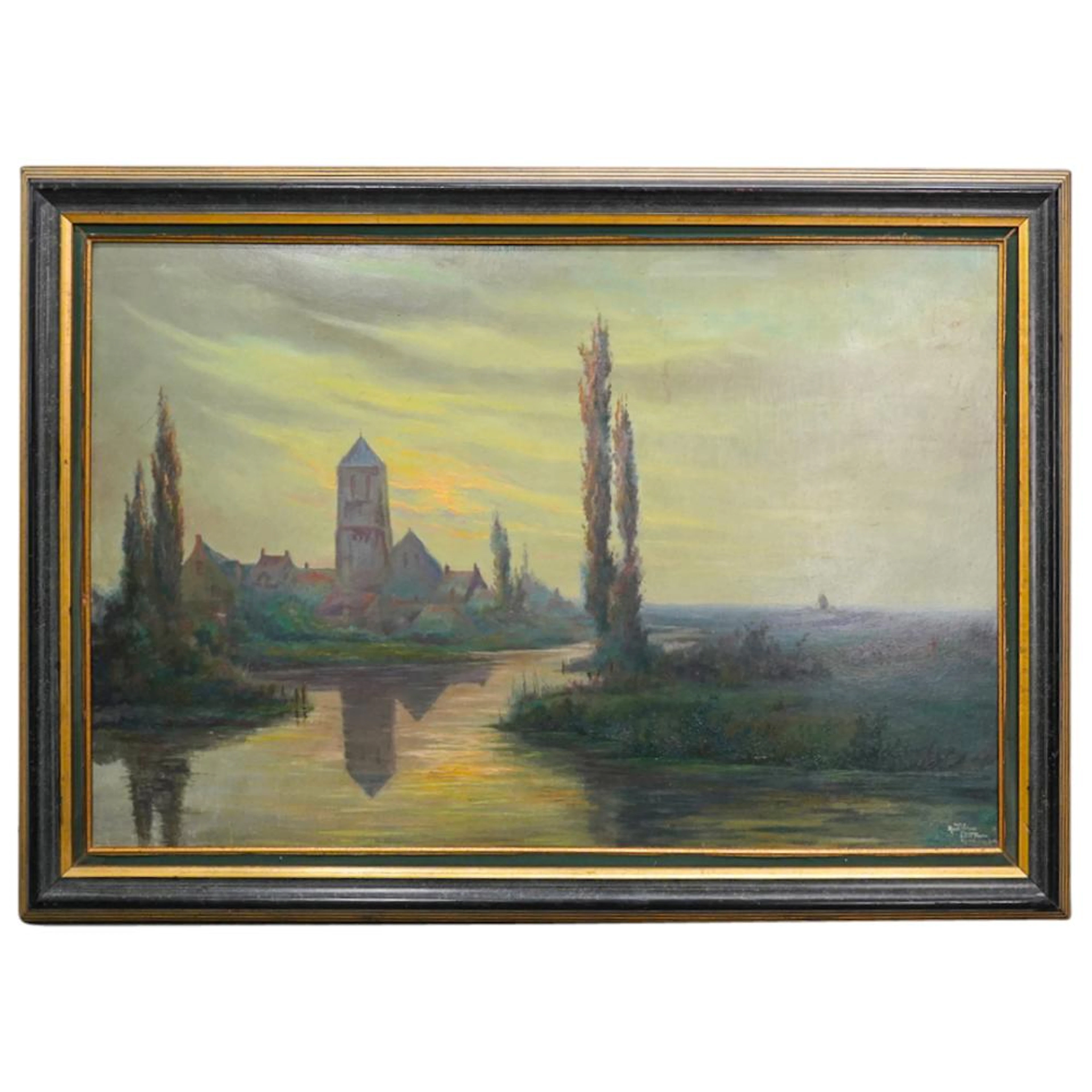 Antique Raph Holweck French Riverscape Oil Painting on Board