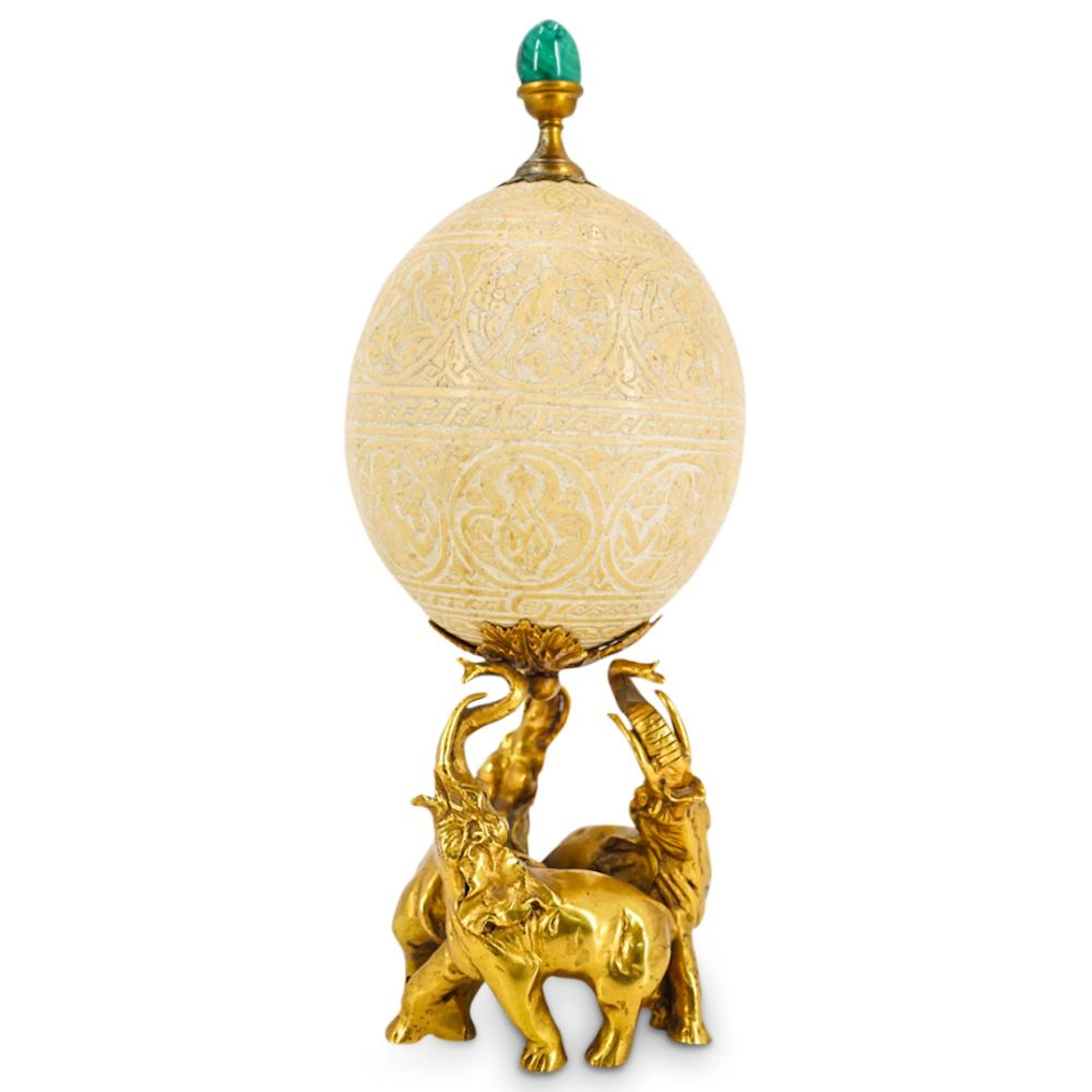 19th Century Persian Carved Ostrich Egg On Gilt Bronze Base