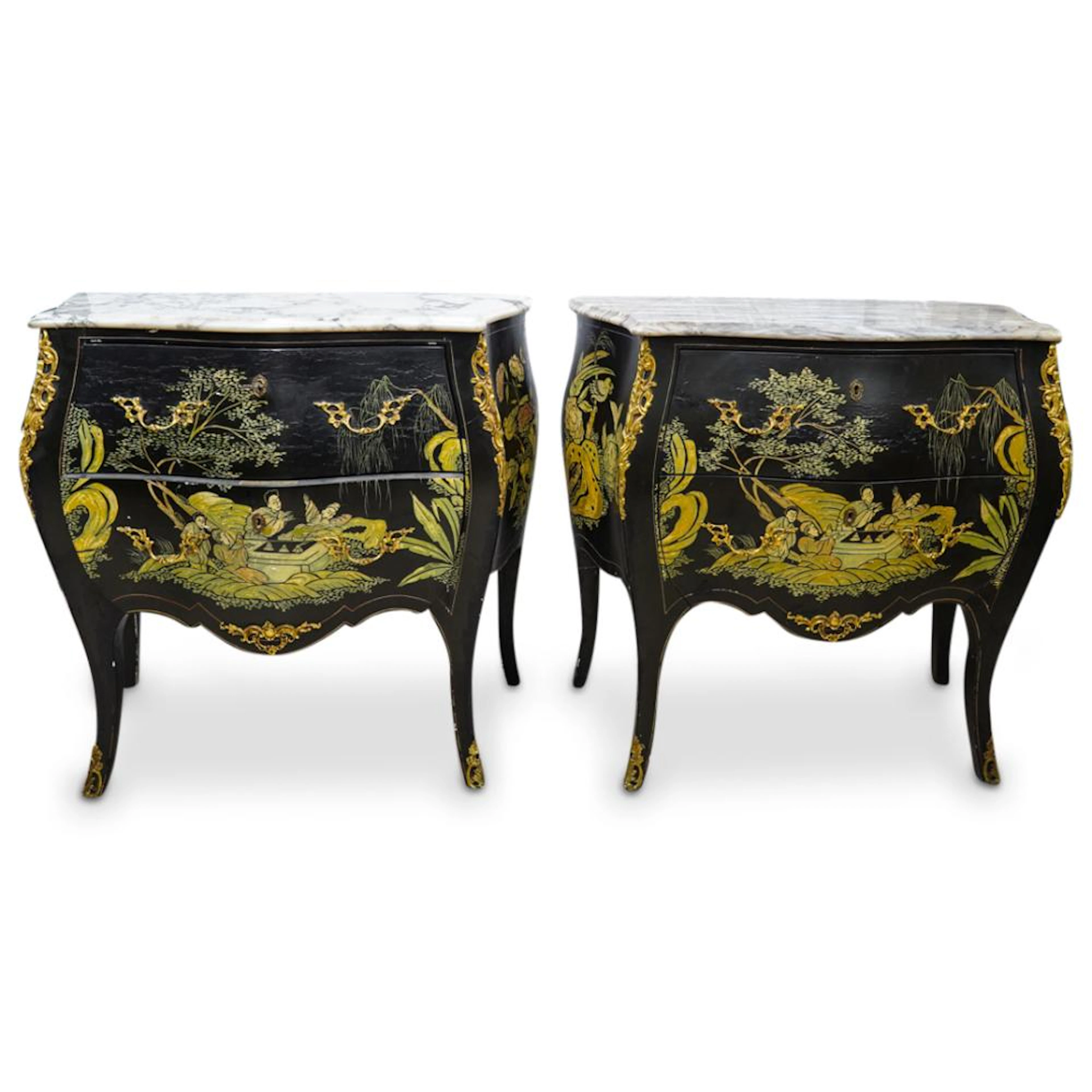 Pair of Vintage French Chinoiserie Wood & Marble Dressers